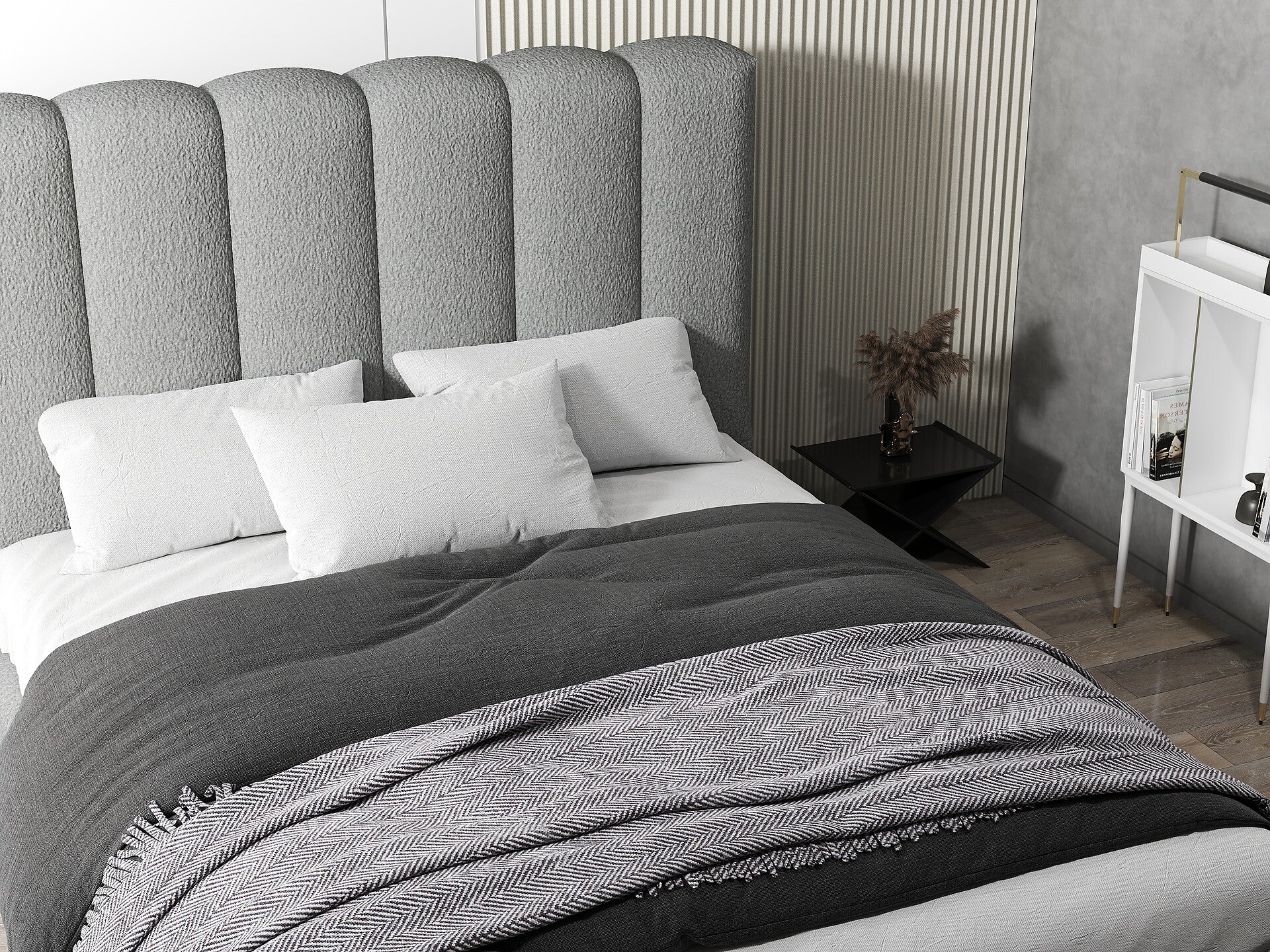 Pat dormitor dumonde, tapitat gri, Milano 140x200 cm, somiera rabatabila inclusa, spatiu depozitare