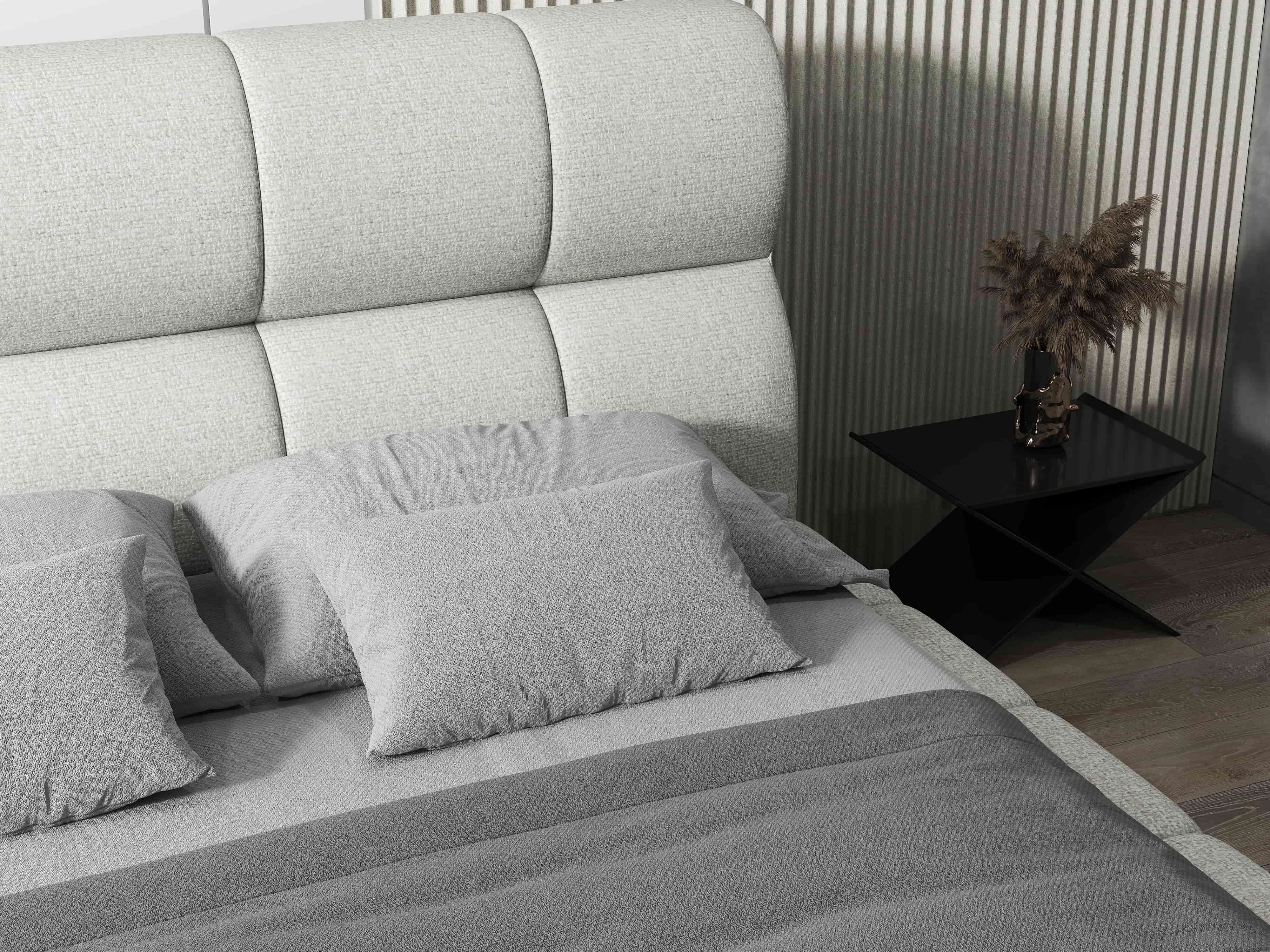 Pat dormitor dumonde, tapitat bej, Prestige 180x200 cm, somiera rabatabila inclusa, spatiu depozitare WLS