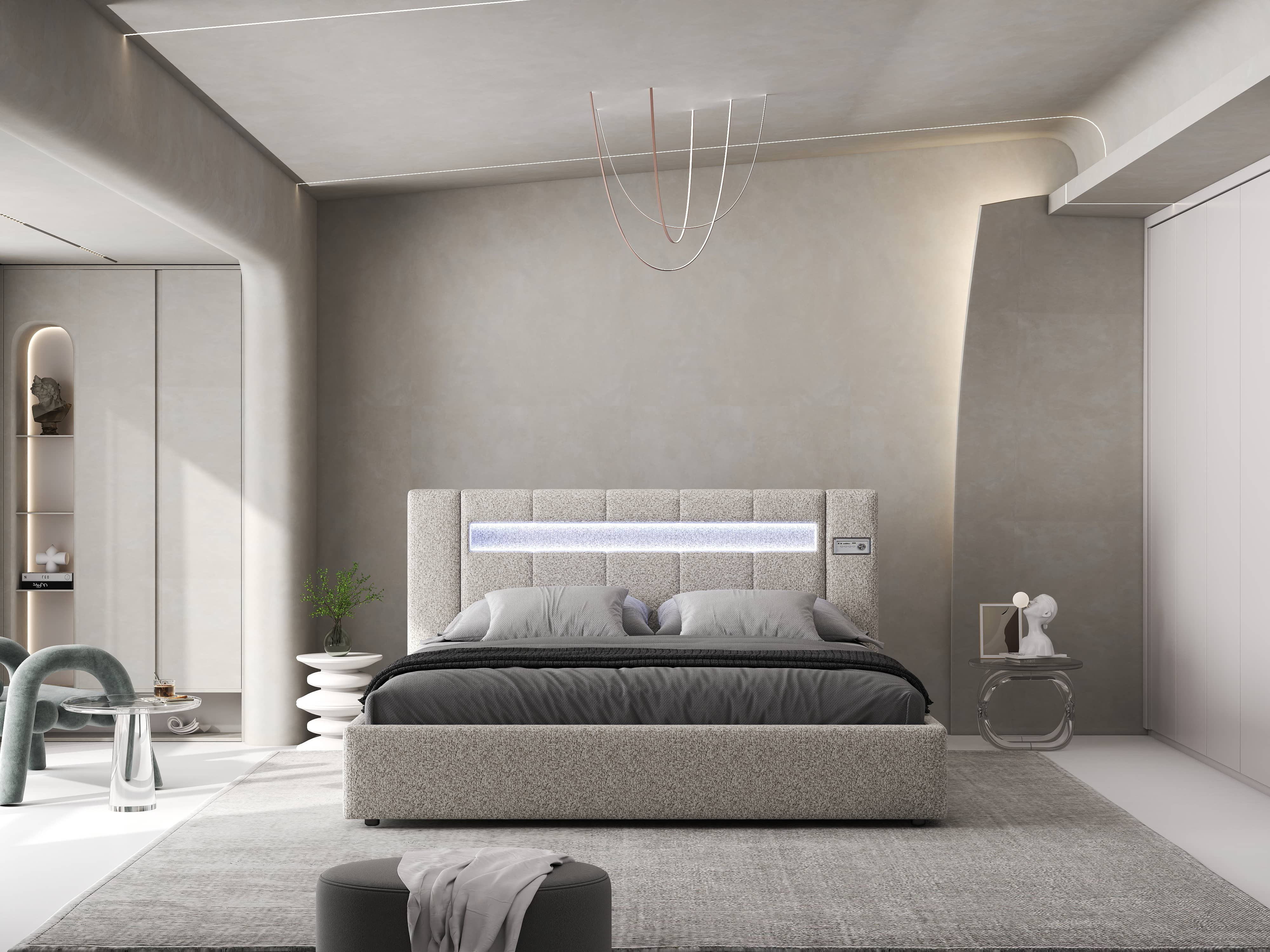 Pat dormitor dumonde, tapitat bej, Glow 160x200 cm, somiera rabatabila inclusa, spatiu depozitare WLS