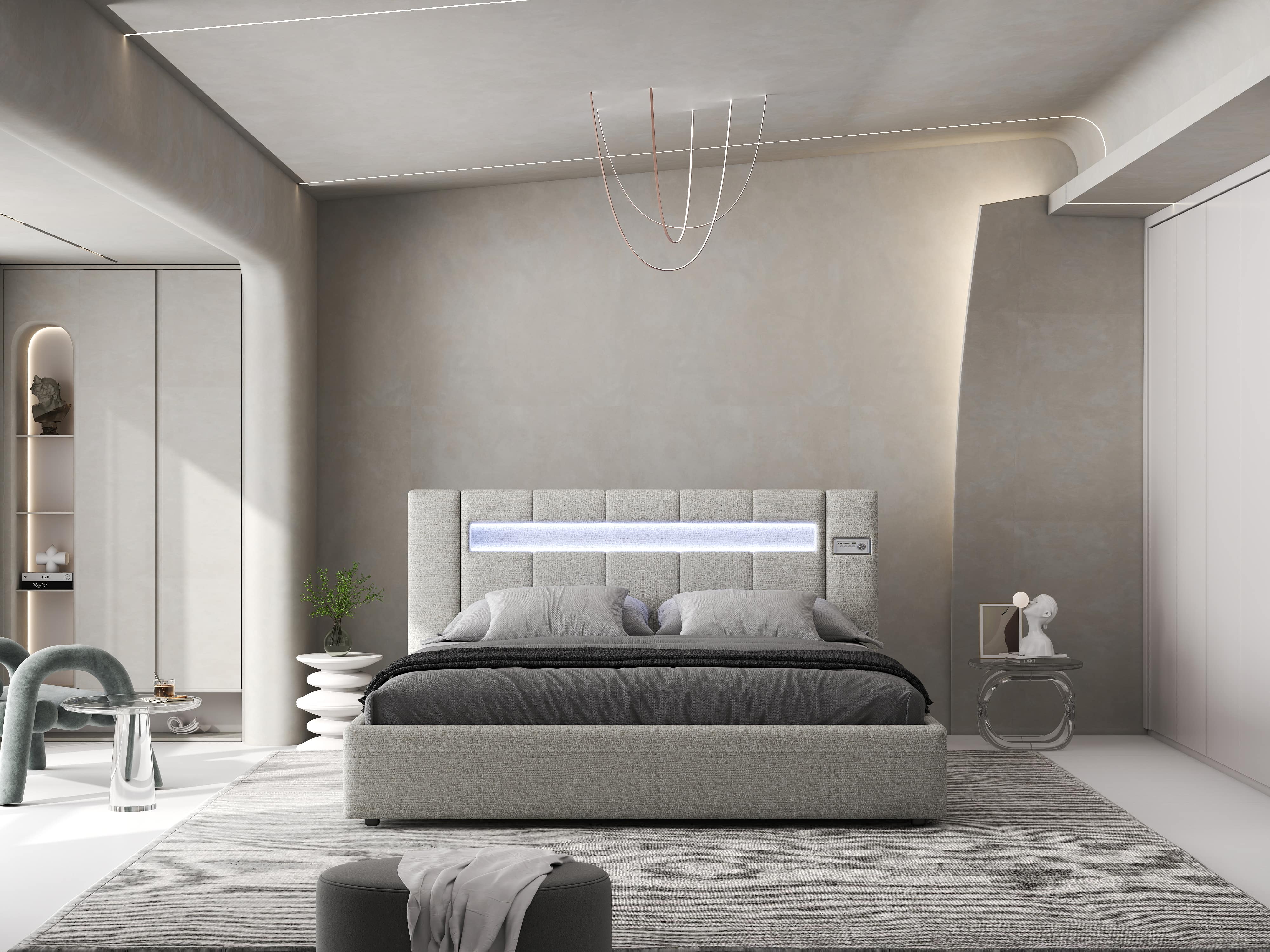 Pat dormitor dumonde, tapitat gri, Glow 160x200 cm, somiera rabatabila inclusa, spatiu depozitare WLS