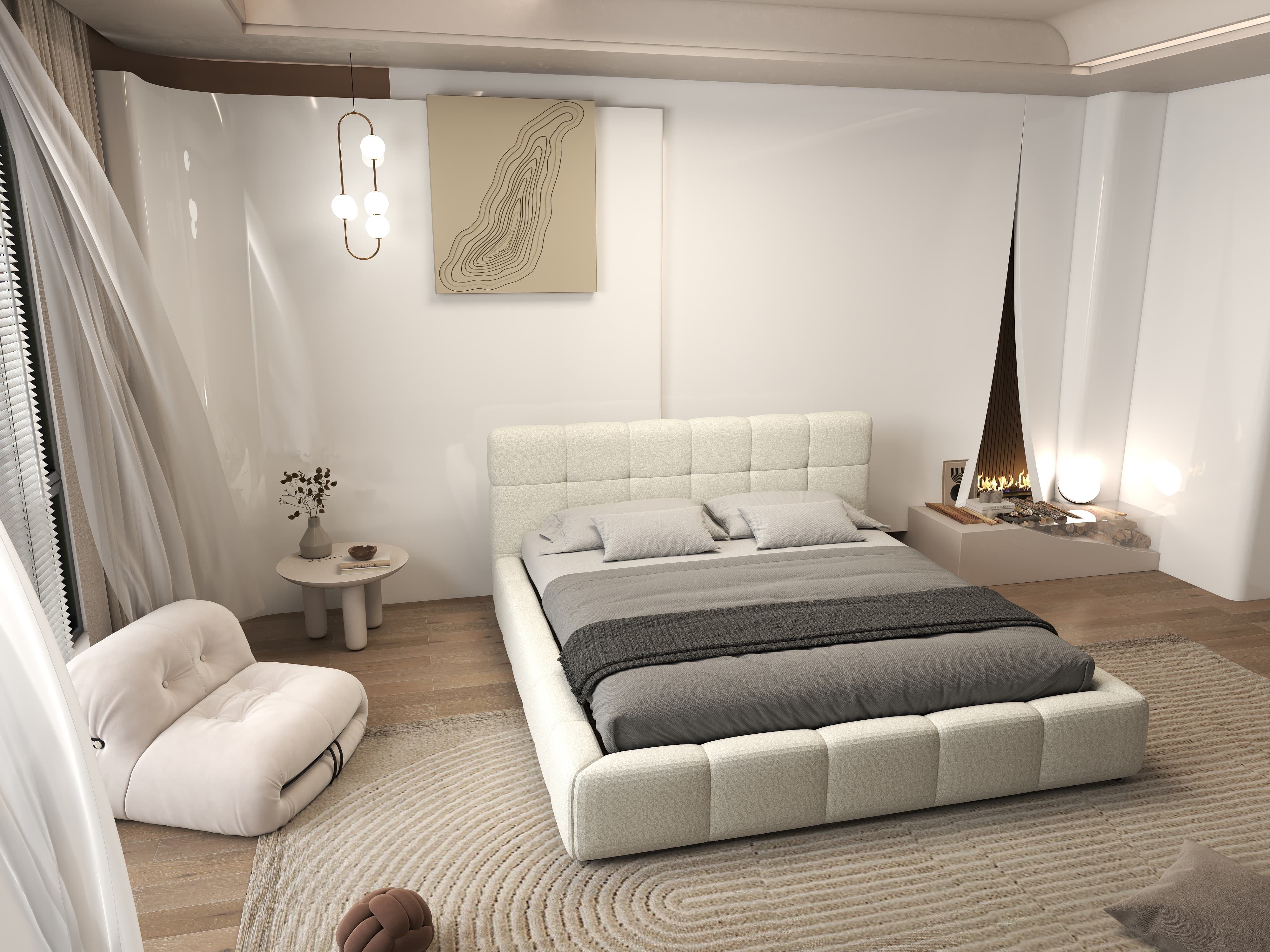 Pat dormitor dumonde, tapitat bej, Lorenzo 160x200 cm, somiera rabatabila inclusa, spatiu depozitare WLS