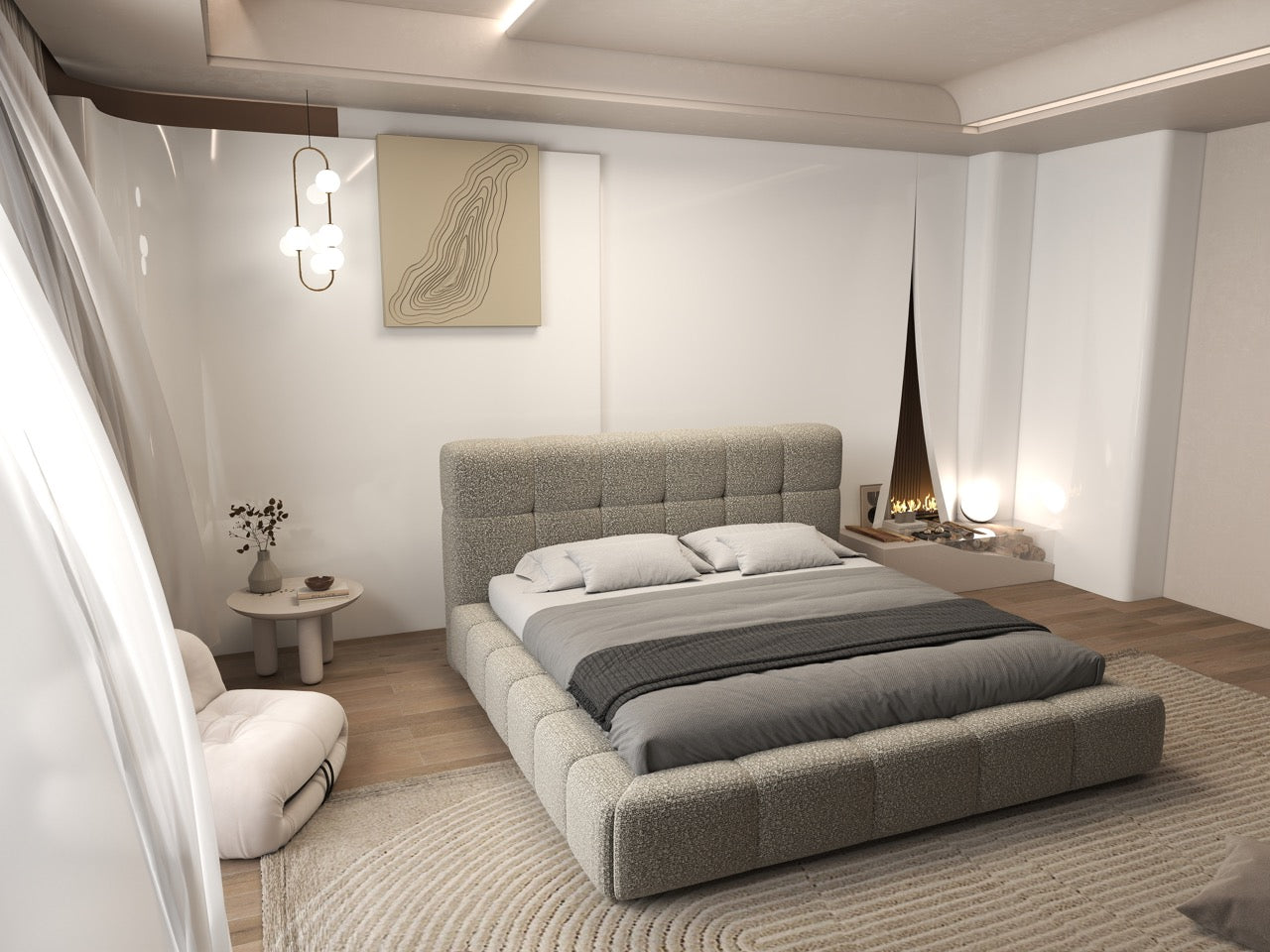 Pat dormitor dumonde, tapitat bej, Lorenzo 160x200 cm, somiera rabatabila inclusa, spatiu depozitare WLS