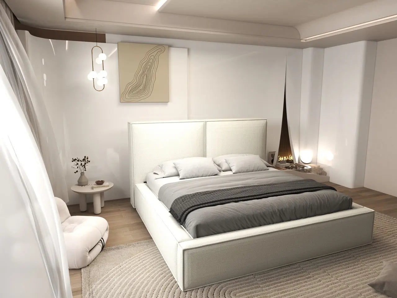 Pat dormitor dumonde, tapitat alb, Dreamer 160x200 cm, somiera rabatabila inclusa, spatiu depozitare WLS