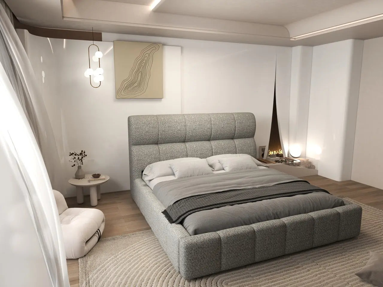 Pat dormitor dumonde, tapitat bej, Prestige 180x200 cm, somiera rabatabila inclusa, spatiu depozitare WLS