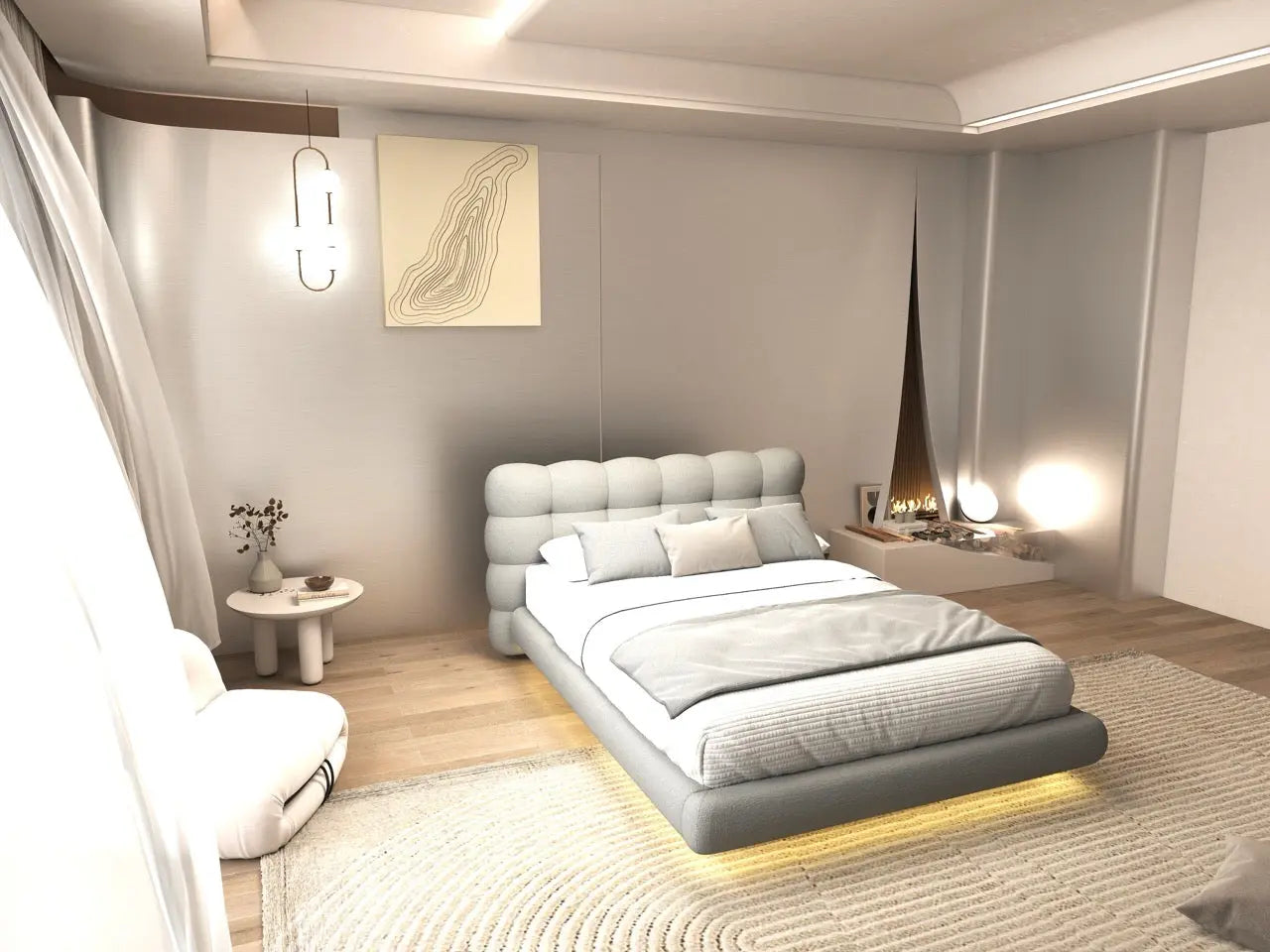 Pat dormitor dumonde, tapitat gri cu LED, "floating bed" Cloud 180x200 cm, somiera inclusa WLS