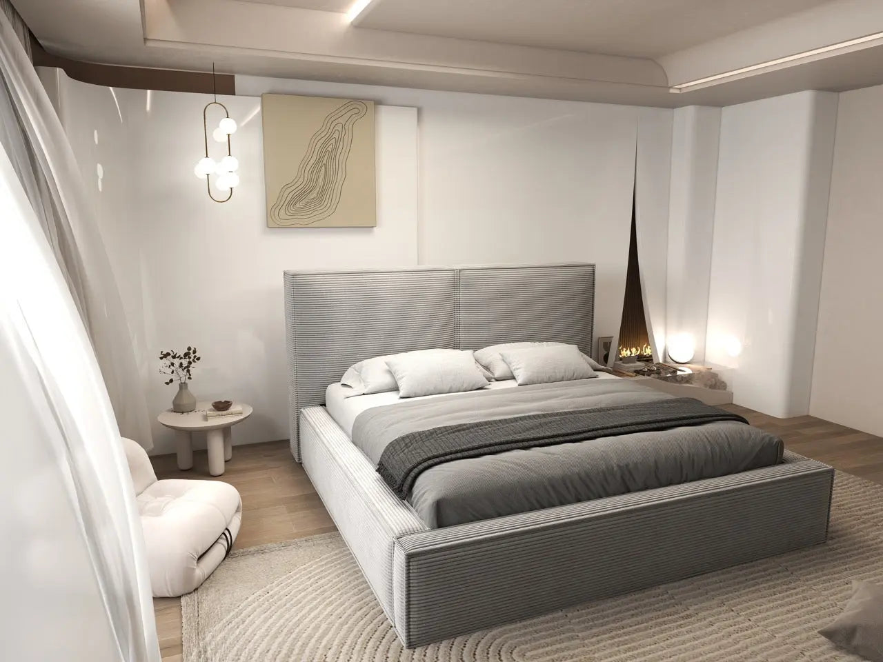 Pat dormitor dumonde, tapitat gri, Dreamer 160x200 cm, somiera rabatabila inclusa, spatiu depozitare WLS