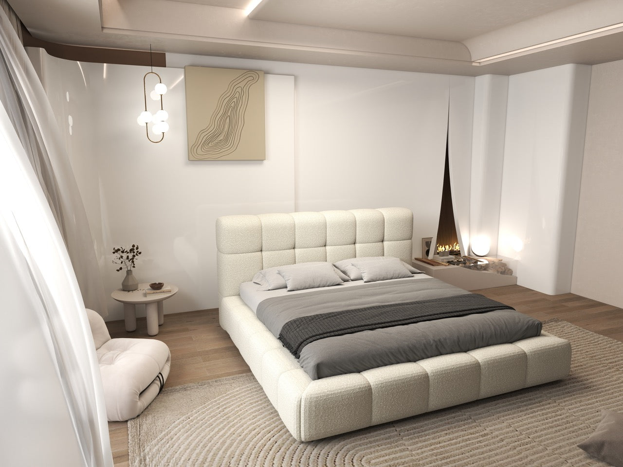 Pat dormitor dumonde, tapitat bej, Lorenzo 180x200 cm, somiera rabatabila inclusa, spatiu depozitare WLS