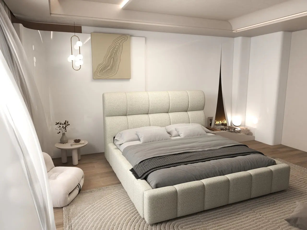 Pat dormitor dumonde, tapitat bej, Prestige 180x200 cm, somiera rabatabila inclusa, spatiu depozitare WLS