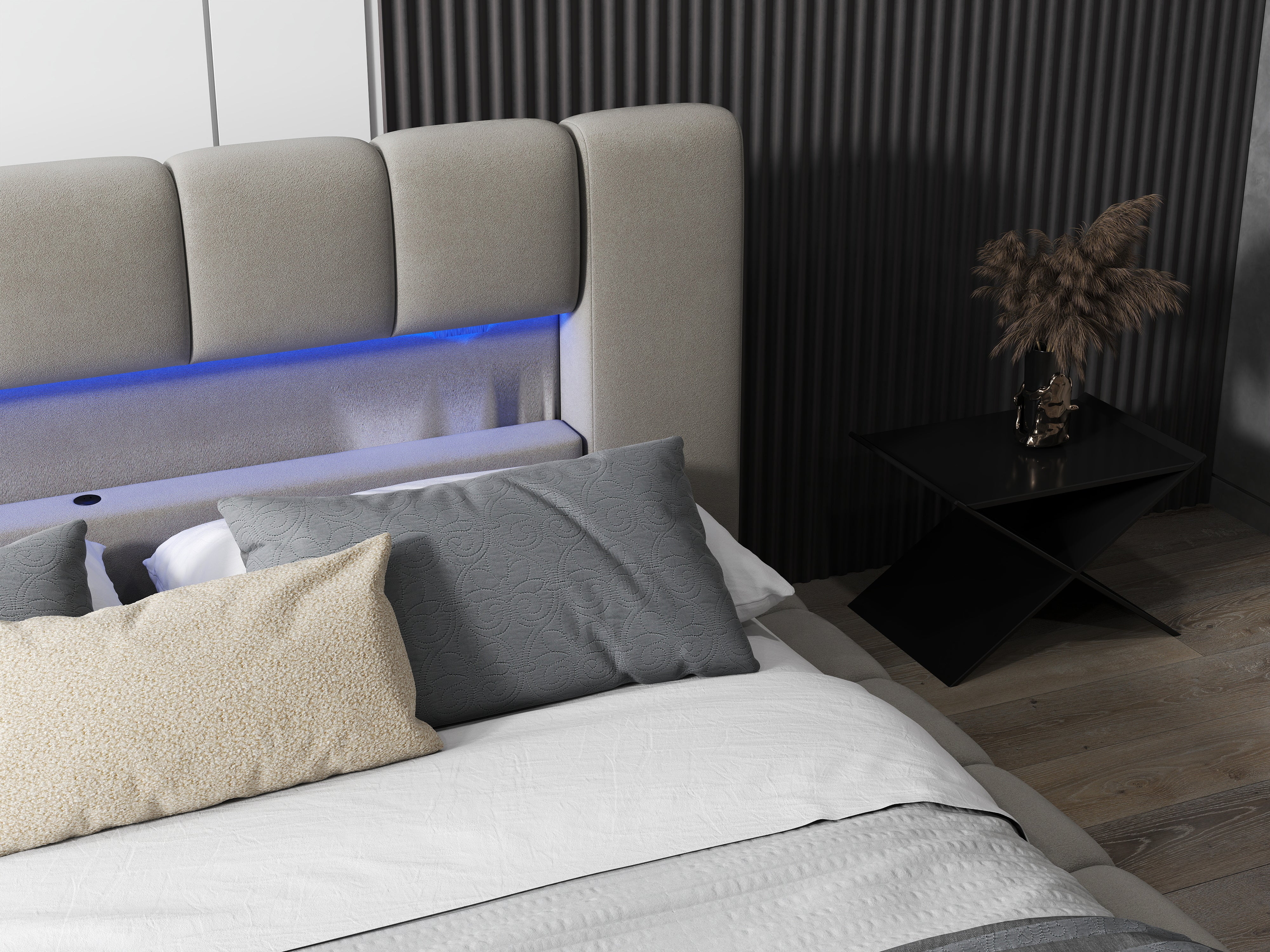 Pat dormitor dumonde, tapitat bej cu LED si USB, Palermo 160x200 cm, somiera rabatabila inclusa, spatiu depozitare WLS