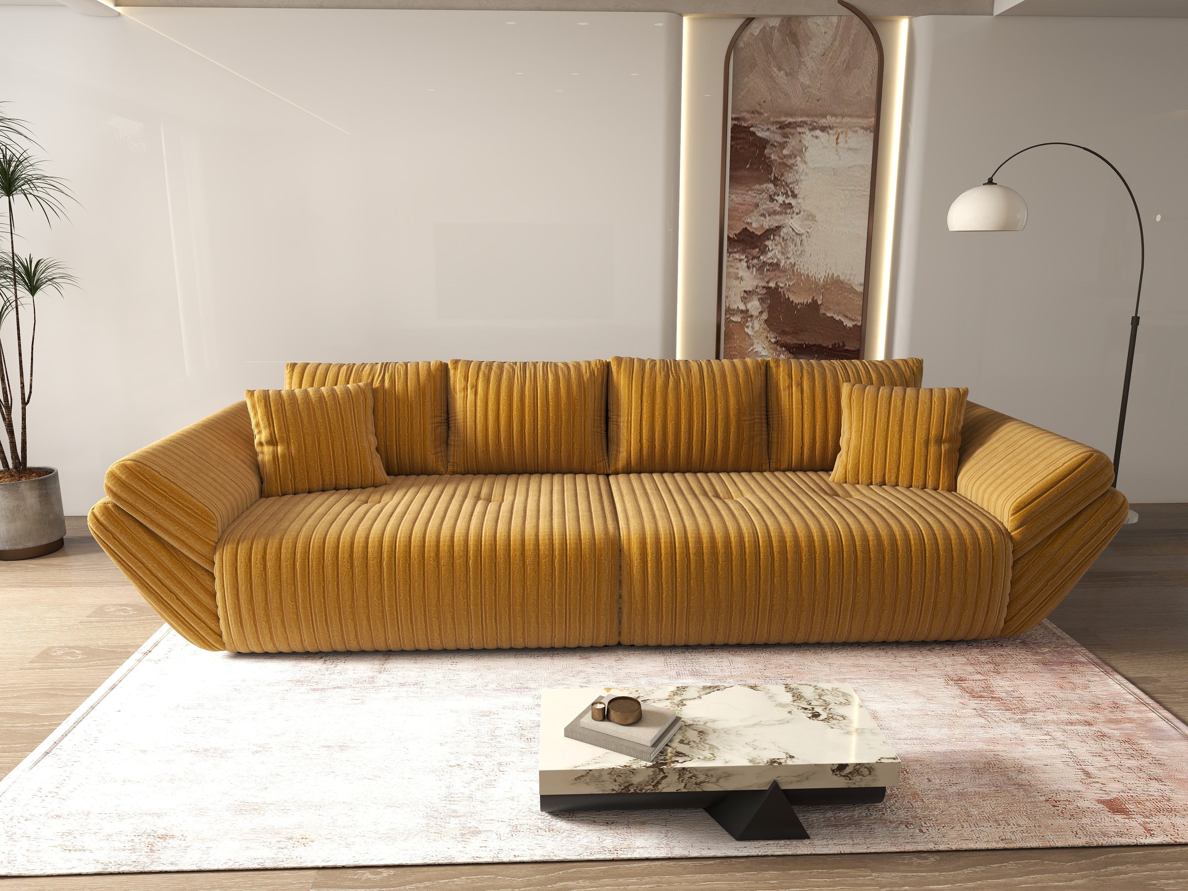 Canapea extensibilă dumonde cu ladă de depozitare si sezut confortabil din spuma HR, Berlin Ambience Mustar 300x100 cm Fabrica