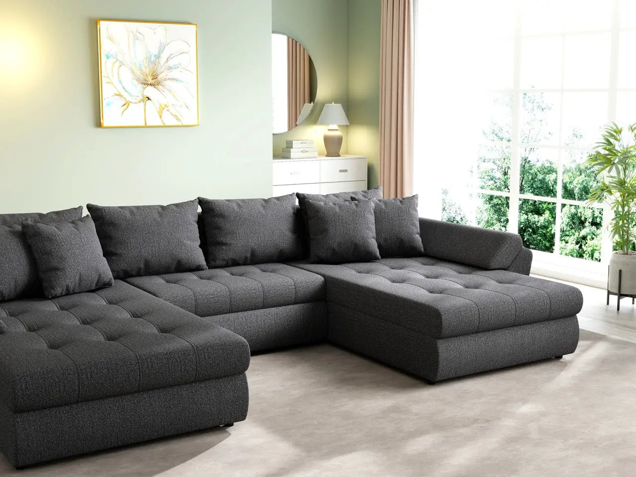 Colțar extensibil dumonde cu ladă de depozitare si sezut confortabil din spuma HR, Loana U Enjoy Grafit 355x185 cm Fabrica