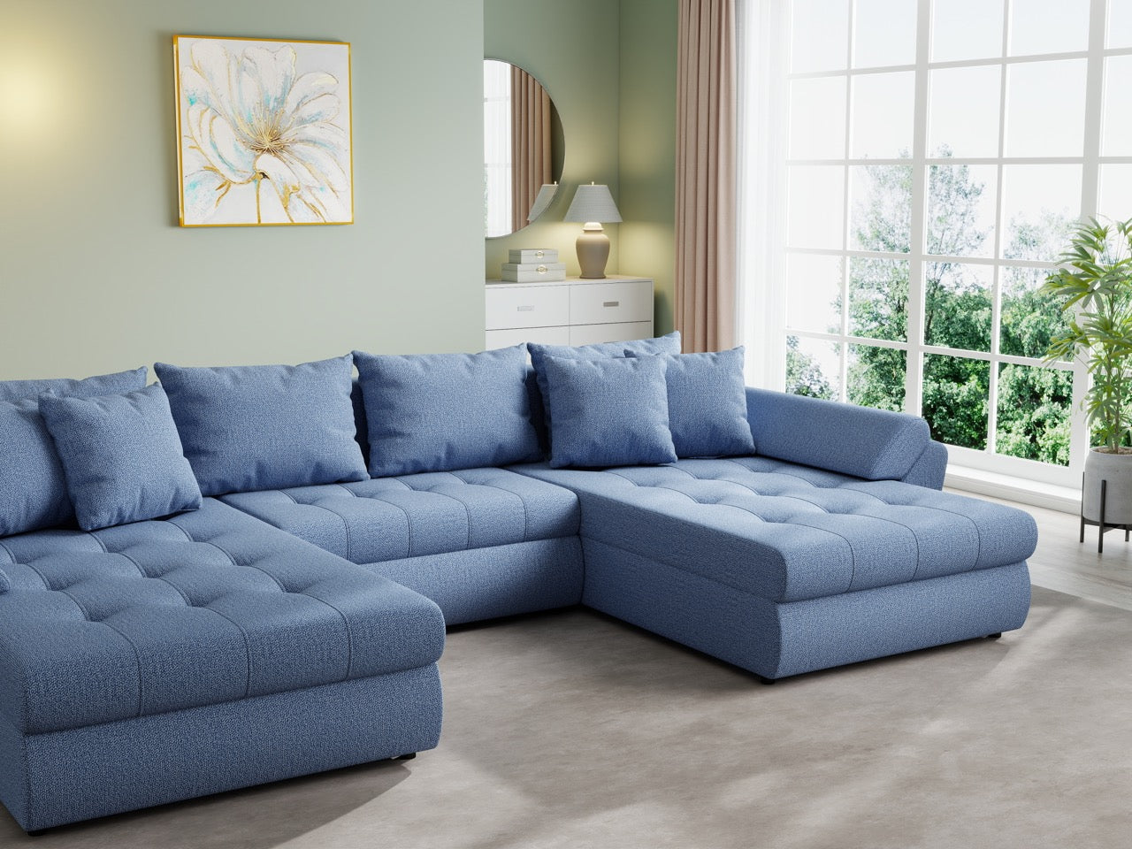 Colțar extensibil dumonde cu ladă de depozitare si sezut confortabil din spuma HR, Loana U Enjoy Blue 355x185 cm