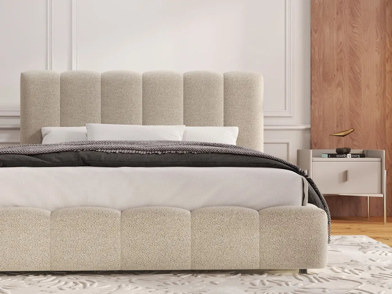 Pat dormitor dumonde, tapitat bej, Milano 160x200 cm, somiera rabatabila inclusa, spatiu depozitare WLS