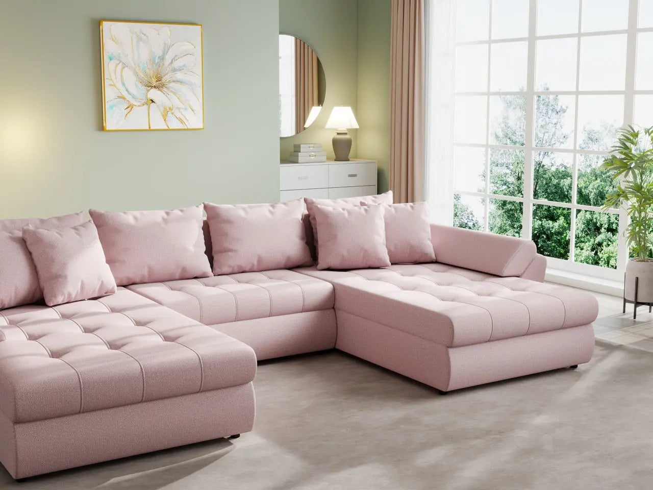 Colțar extensibil dumonde cu ladă de depozitare si sezut confortabil din spuma HR, Loana U Enjoy Flamingo 355x185 cm Fabrica