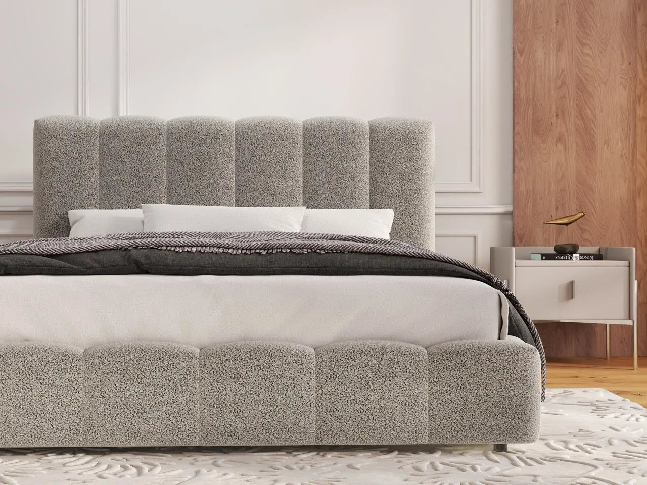 Pat dormitor dumonde, tapitat gri, Milano 180x200 cm, somiera rabatabila inclusa, spatiu depozitare WLS
