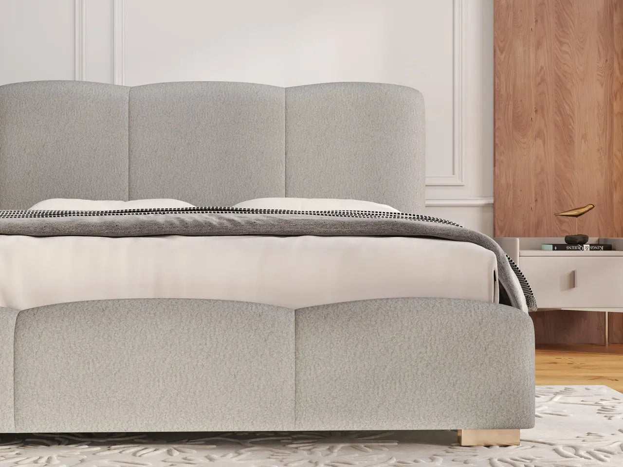 Pat dormitor dumonde, tapitat alb, Havana 180x200 cm, somiera rabatabila inclusa, spatiu depozitare WLS