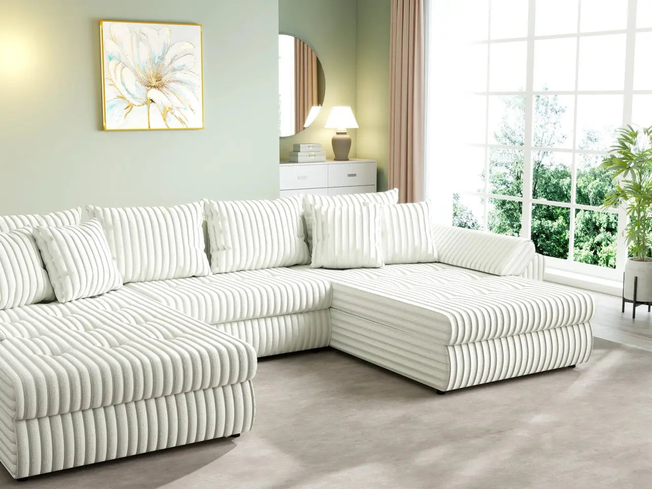 Colțar extensibil dumonde cu ladă de depozitare si sezut confortabil din spuma HR, Loana U Ambience Ivory 355x185 cm Fabrica