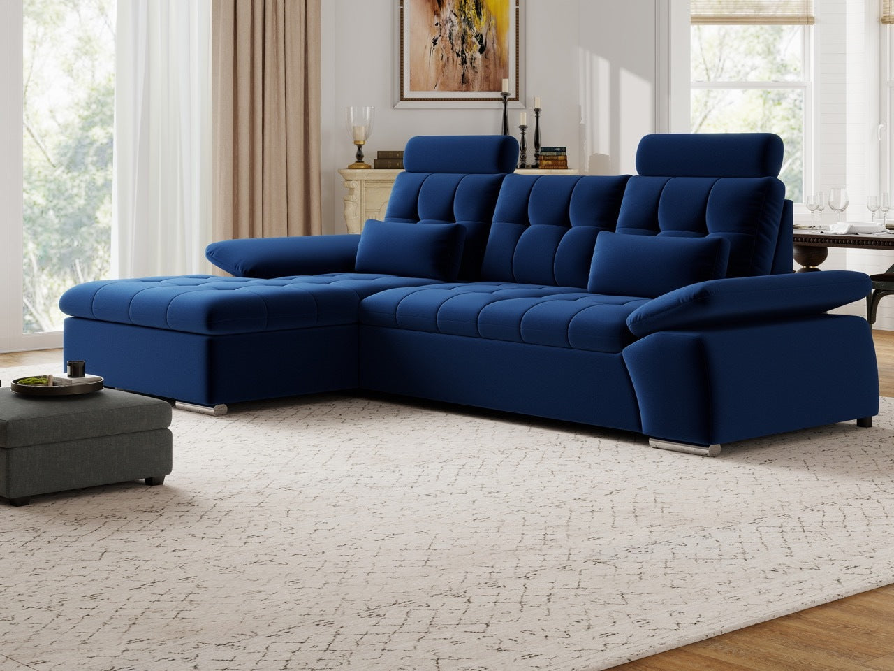 Colțar extensibil dumonde cu ladă de depozitare și șezut confortabil din spumă HR, Merkur Royal Albastru Navy 270x168 cm