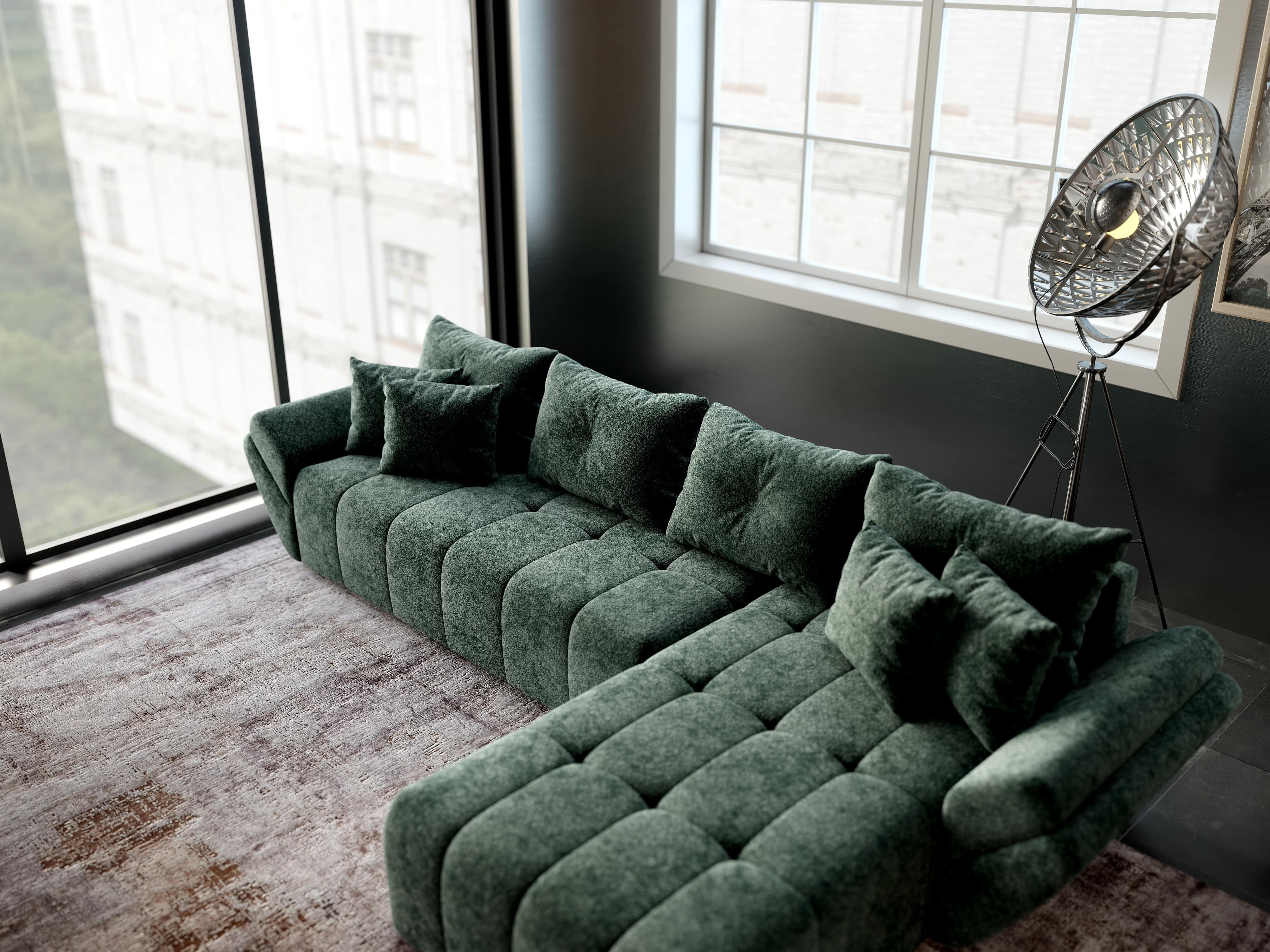 Colțar extensibil dumonde cu ladă de depozitare si sezut confortabil din spuma HR, Berlin XL Euphoria Green 350x185 cm II Fabrica