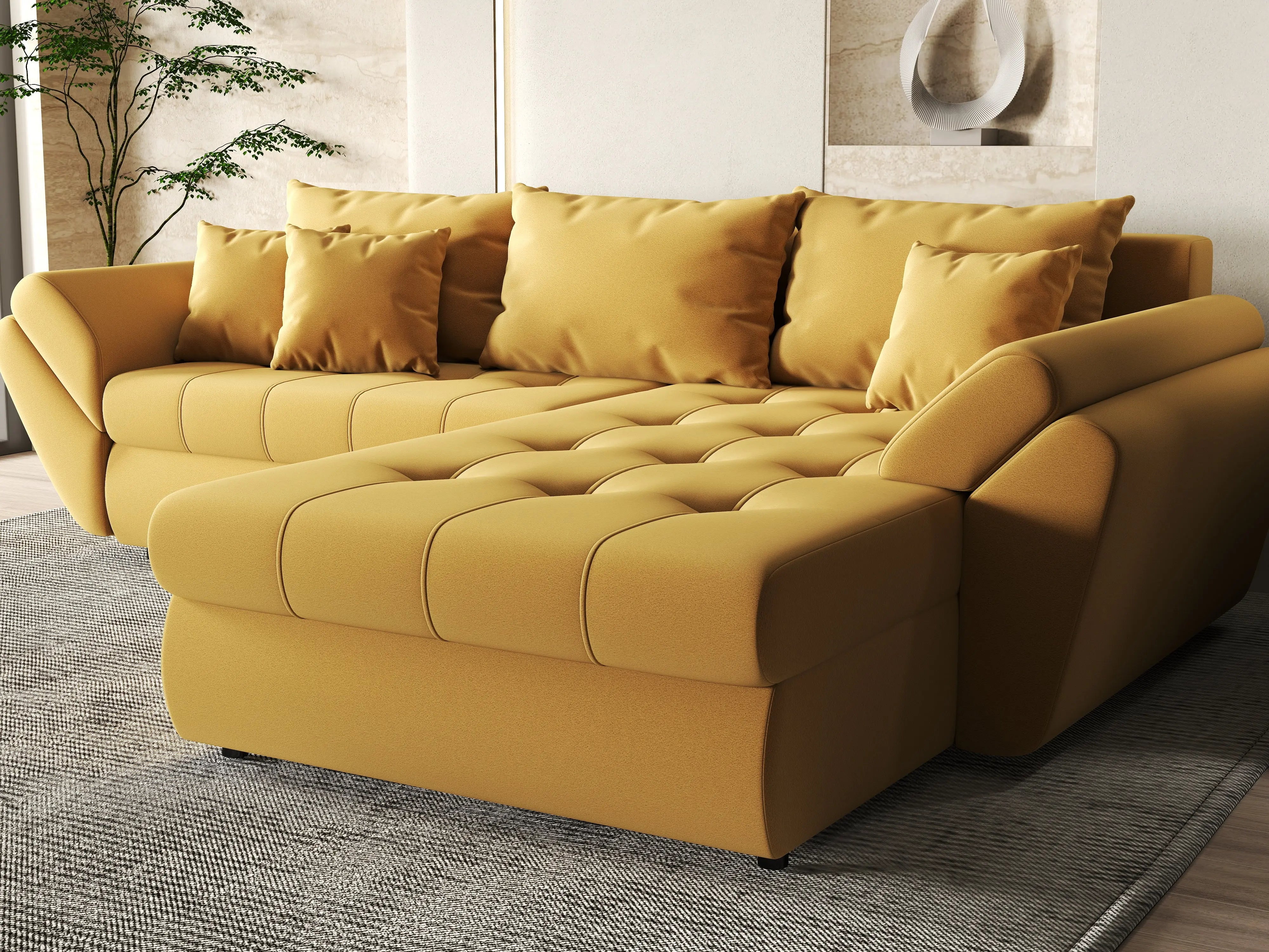 Colțar extensibil dumonde cu ladă de depozitare si sezut confortabil din spuma HR, Loana Muștar II 270x185 cm Fabrica