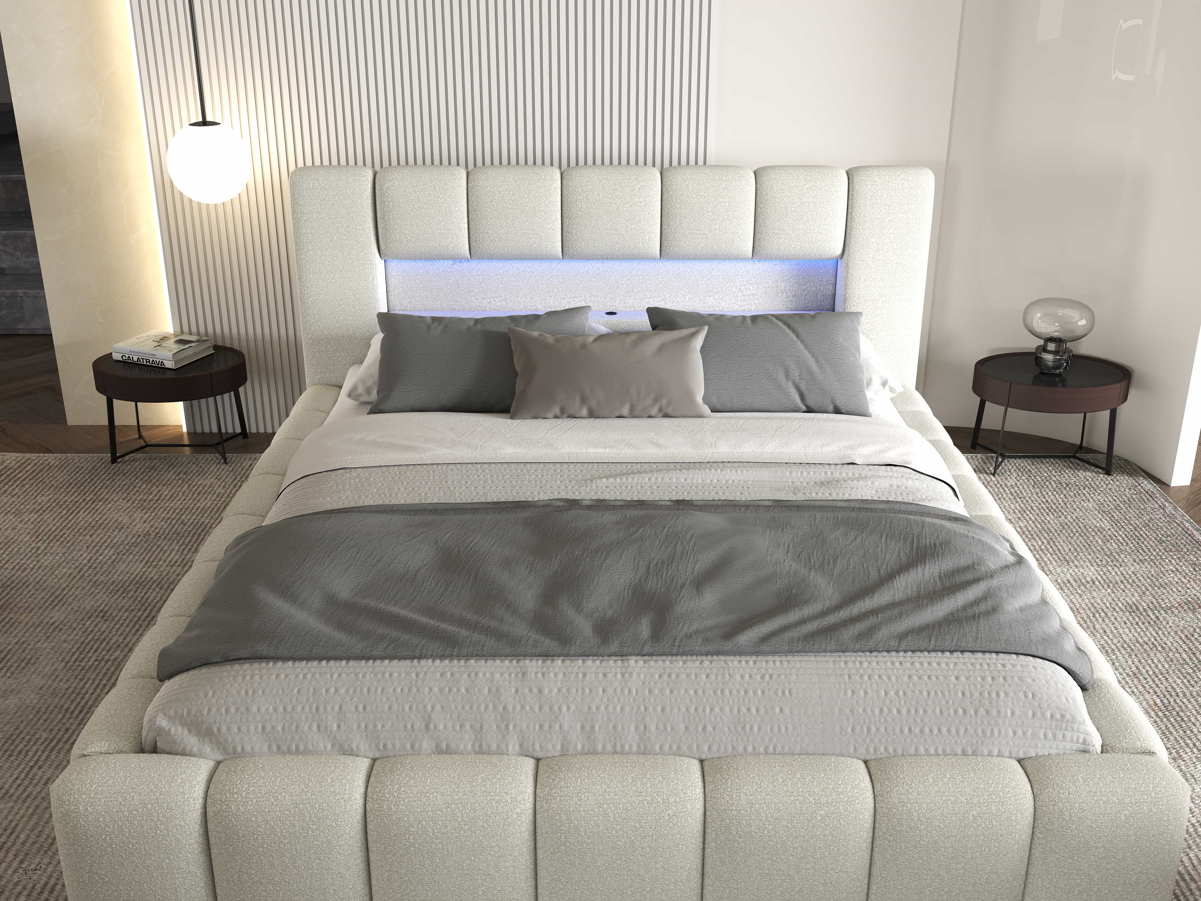 Pat dormitor dumonde, tapitat bej cu LED si USB, Palermo 160x200 cm, somiera rabatabila inclusa, spatiu depozitare WLS