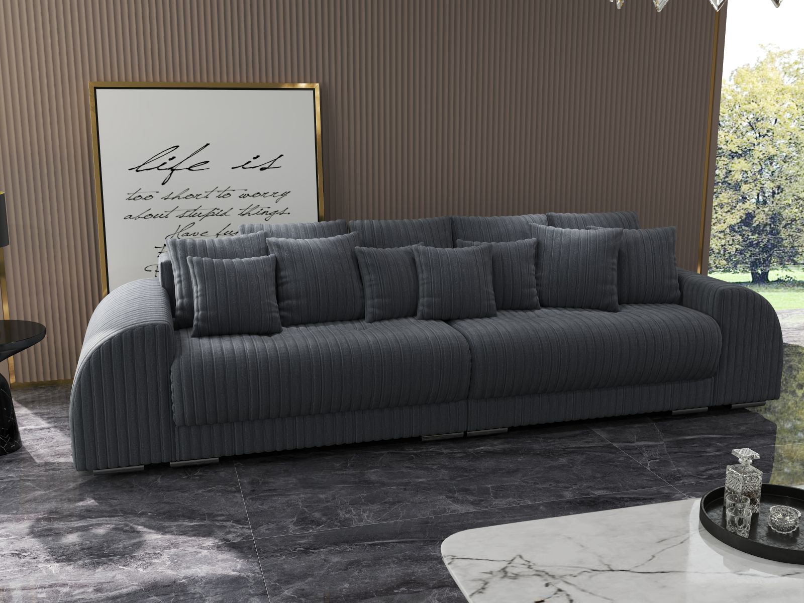 Canapea extensibilă dumonde cu 2 lăzi de depozitare si sezut confortabil din spuma HR, Verona Ambience Grey 310x100 cm Fabrica