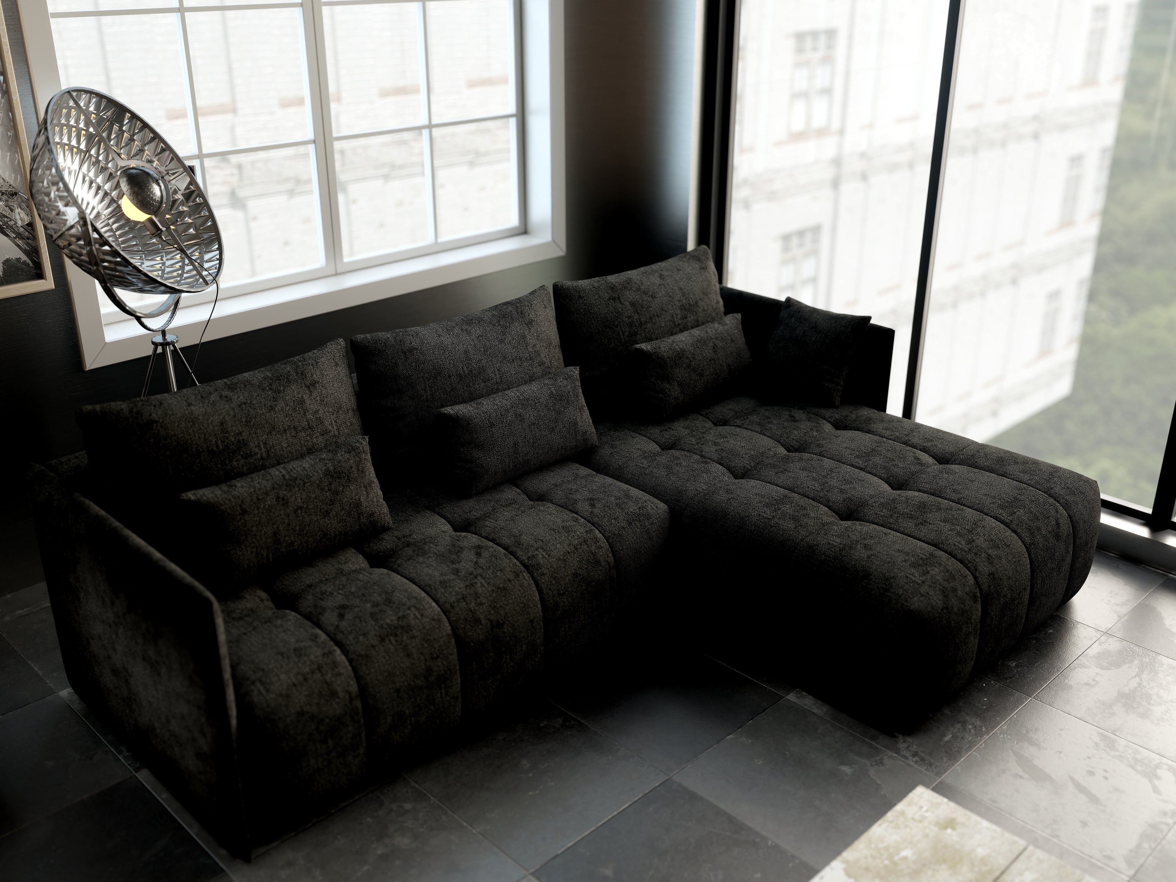 Colțar extensibil dumonde cu ladă de depozitare si sezut confortabil din spuma HR, Malta Enjoy Black II 235x185 cm Fabrica