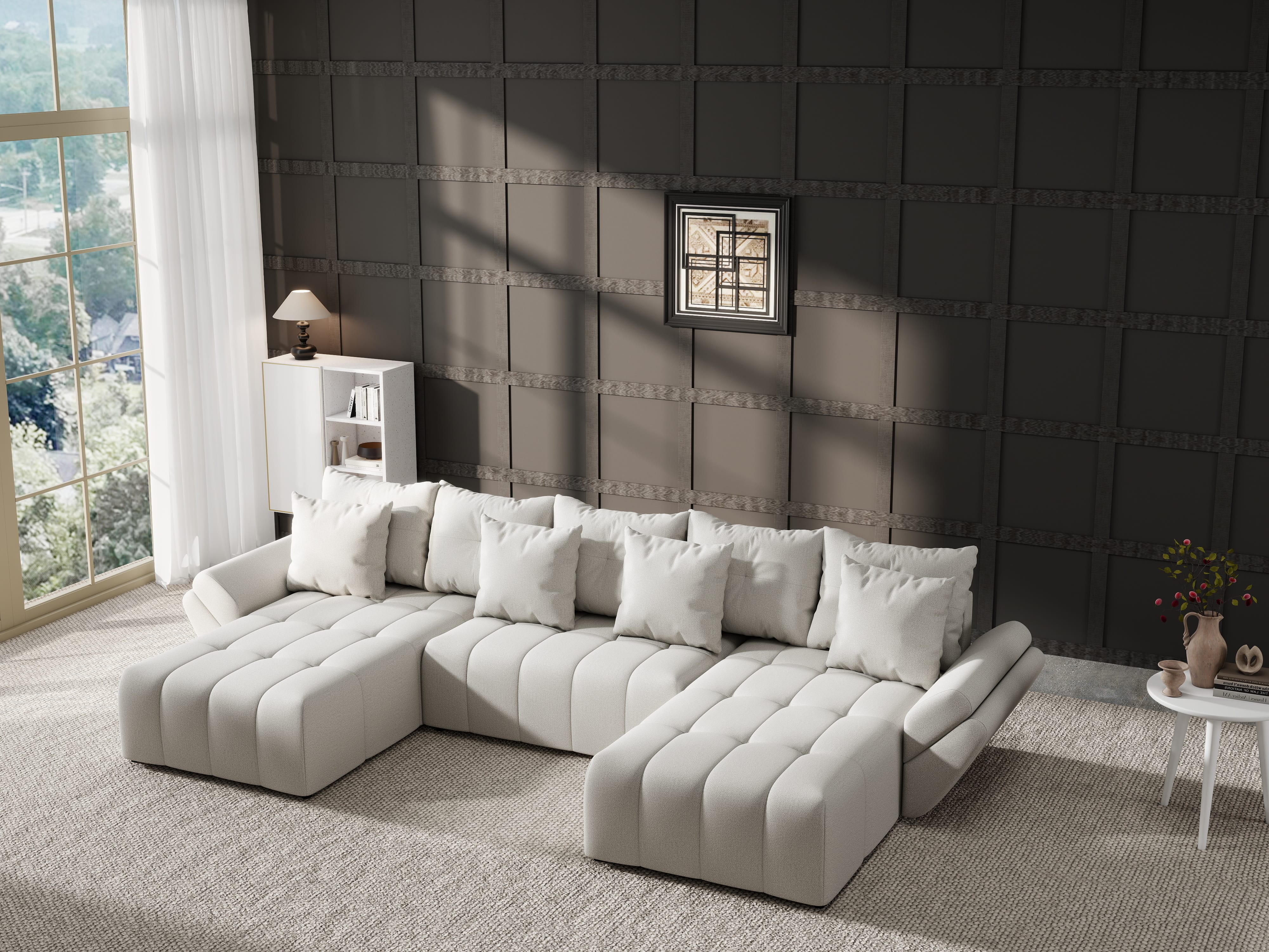 Colțar extensibil dumonde cu ladă de depozitare si sezut confortabil din spuma HR, Berlin U Enjoy Bej 380x180 cm Fabrica