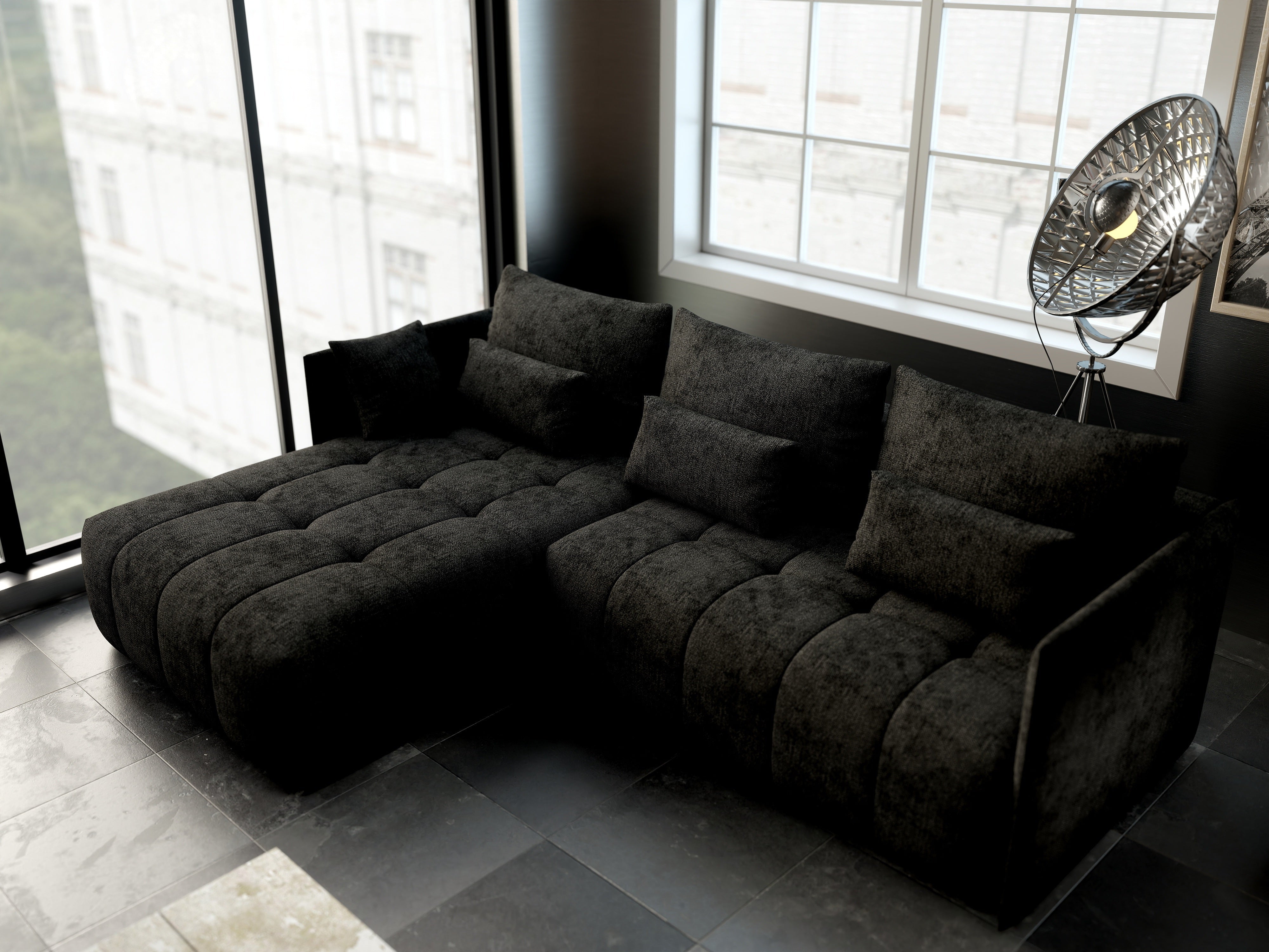 Colțar extensibil dumonde cu ladă de depozitare si sezut confortabil din spuma HR, Malta Enjoy Black 235x185 cm Fabrica