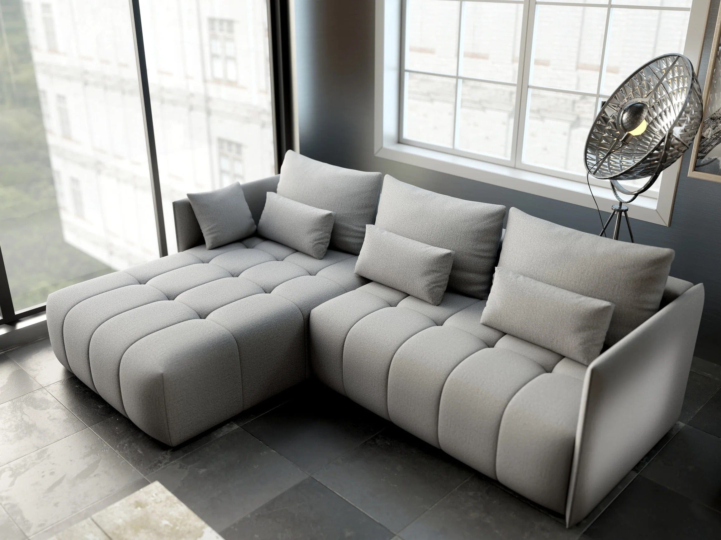 Colțar extensibil dumonde cu ladă de depozitare si sezut confortabil din spuma HR, Malta Enjoy Silver II 235x185 cm Fabrica
