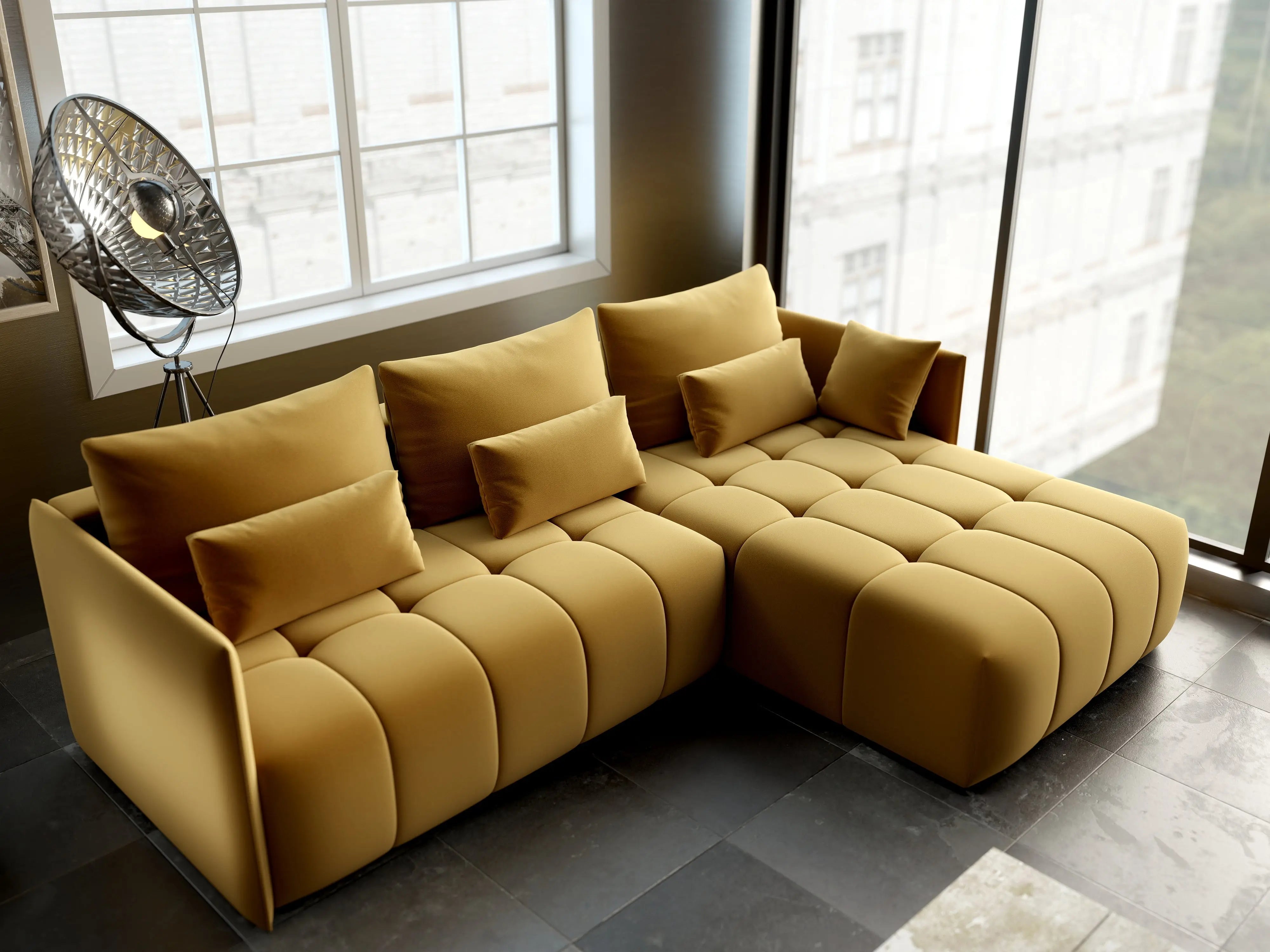 Colțar extensibil dumonde cu ladă de depozitare si sezut confortabil din spuma HR, Malta Muștar II 235x185 cm Fabrica