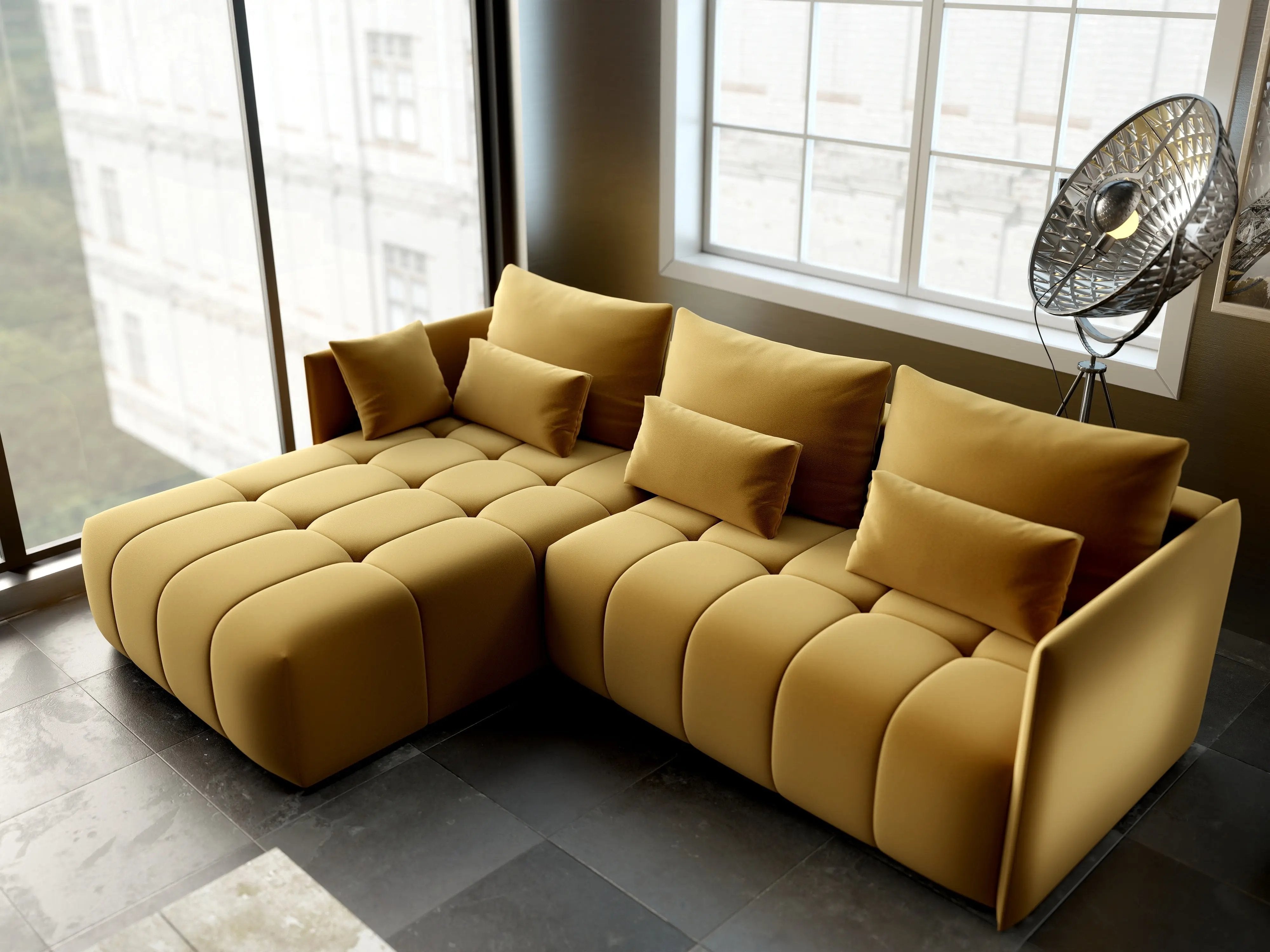 Colțar extensibil dumonde cu ladă de depozitare si sezut confortabil din spuma HR, Malta Royal Muștar 235x185 cm Fabrica