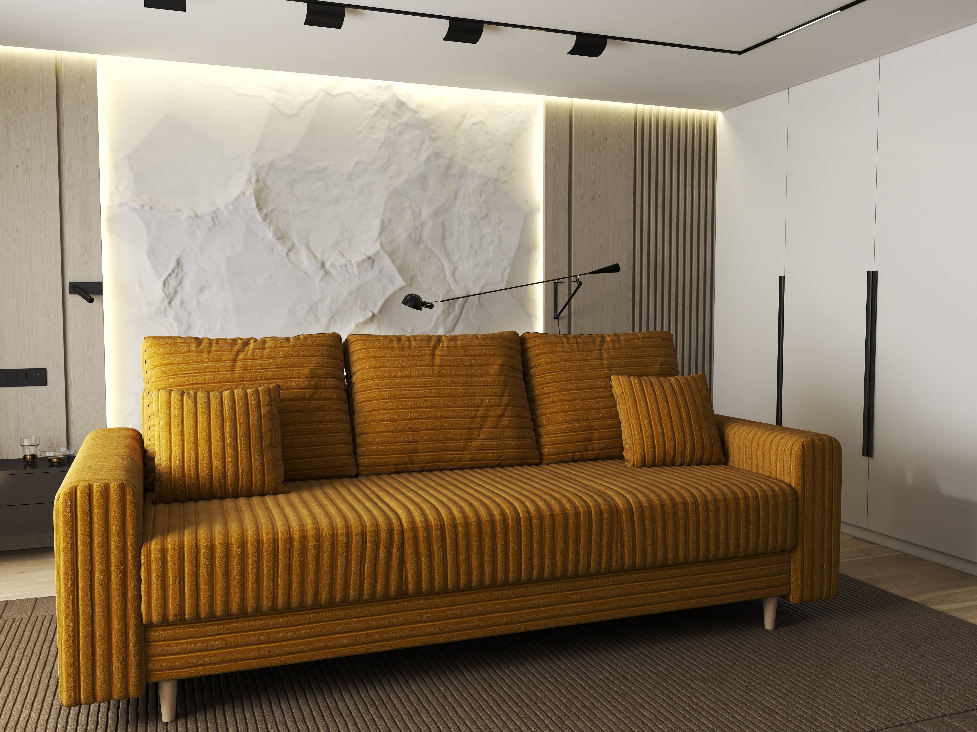 Canapea extensibilă dumonde cu ladă de depozitare si sezut confortabil din spuma HR, Kronos Ambience Mustar 210x100 cm fabrica