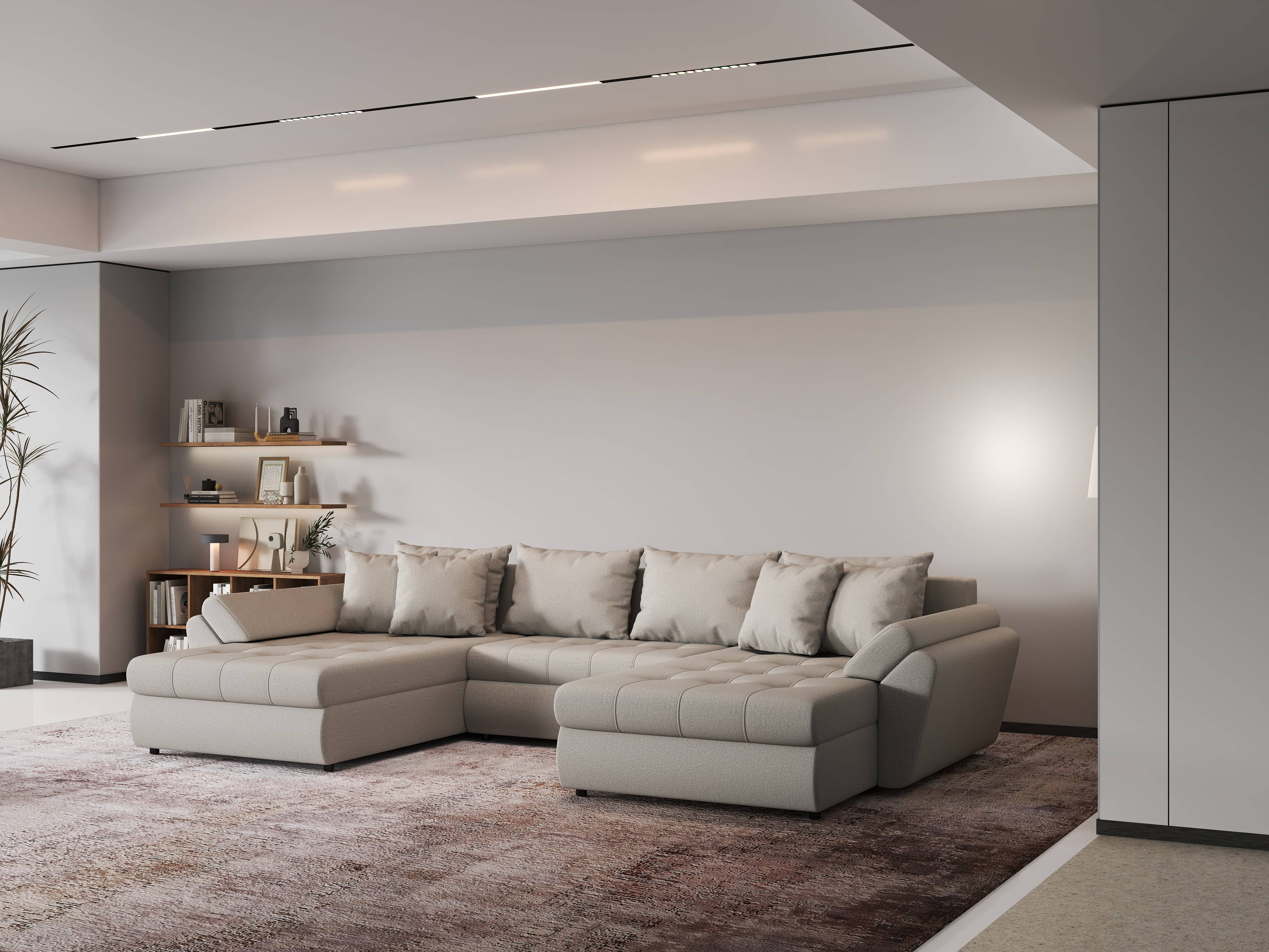 Colțar extensibil dumonde cu ladă de depozitare si sezut confortabil din spuma HR, Loana Bej U 355x185 cm Fabrica