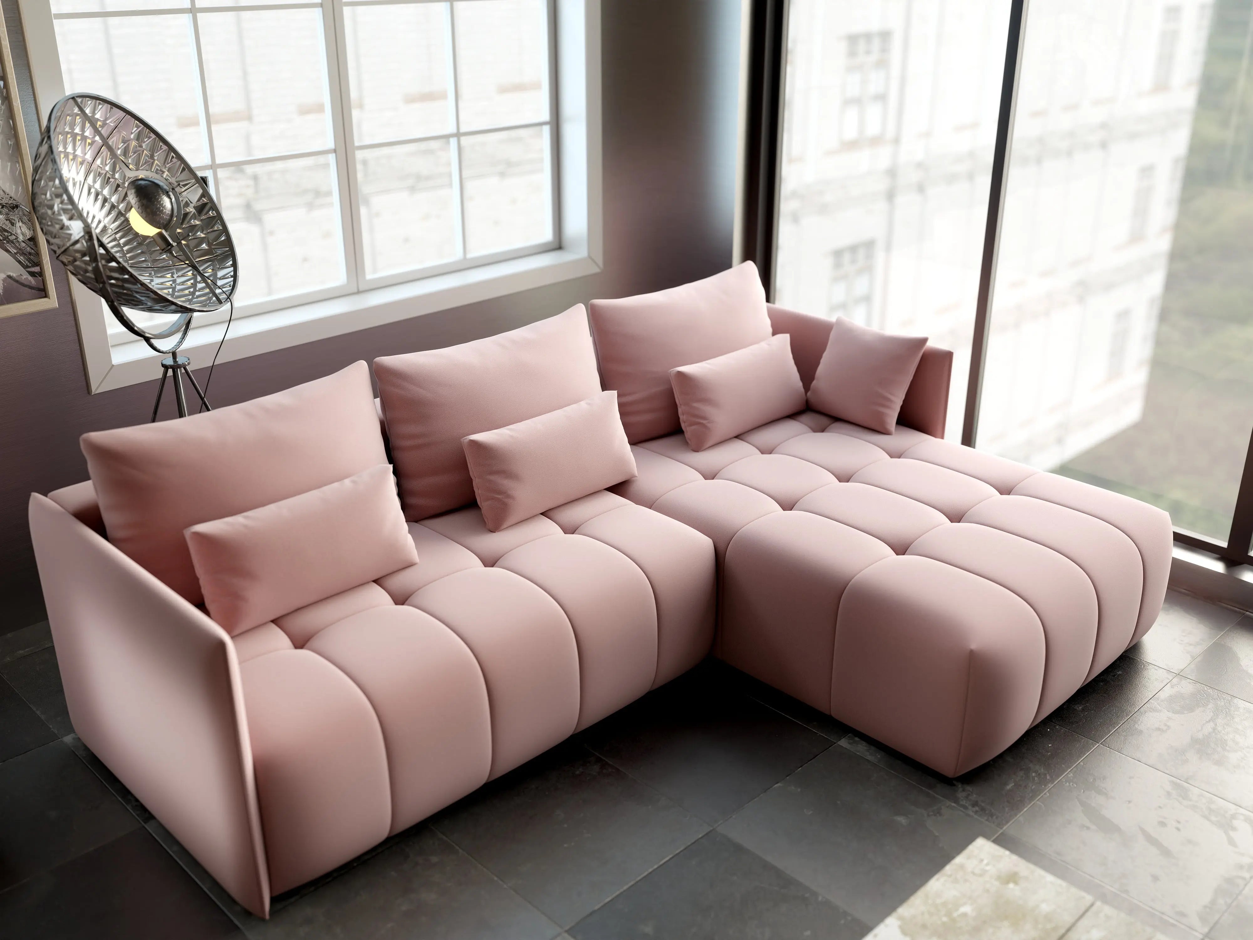 Colțar extensibil dumonde cu ladă de depozitare si sezut confortabil din spuma HR, Malta Roz Pudrat II 235x185 cm Fabrica