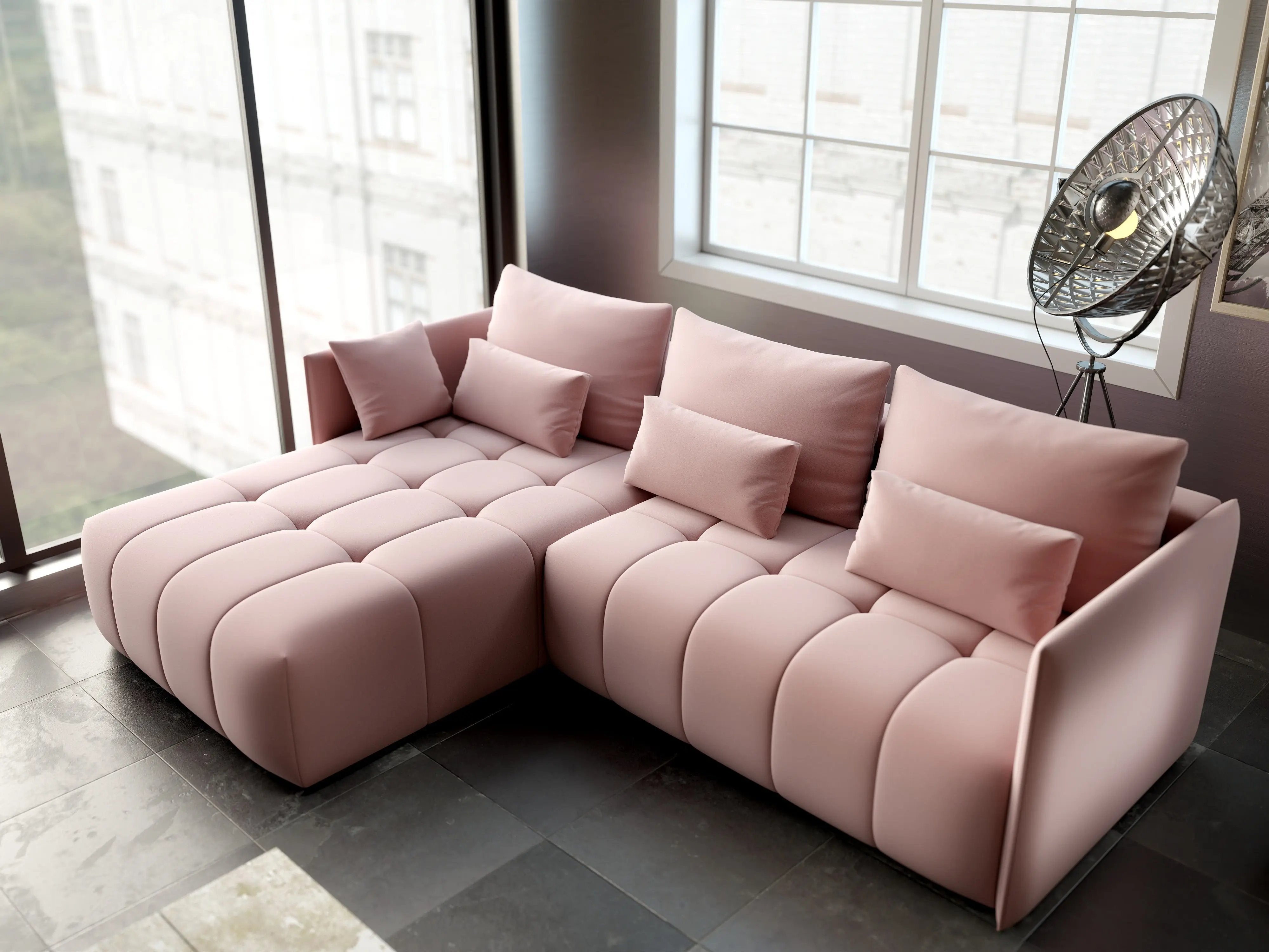 Colțar extensibil dumonde cu ladă de depozitare si sezut confortabil din spuma HR, Malta Royal Roz 235x185 cm Fabrica