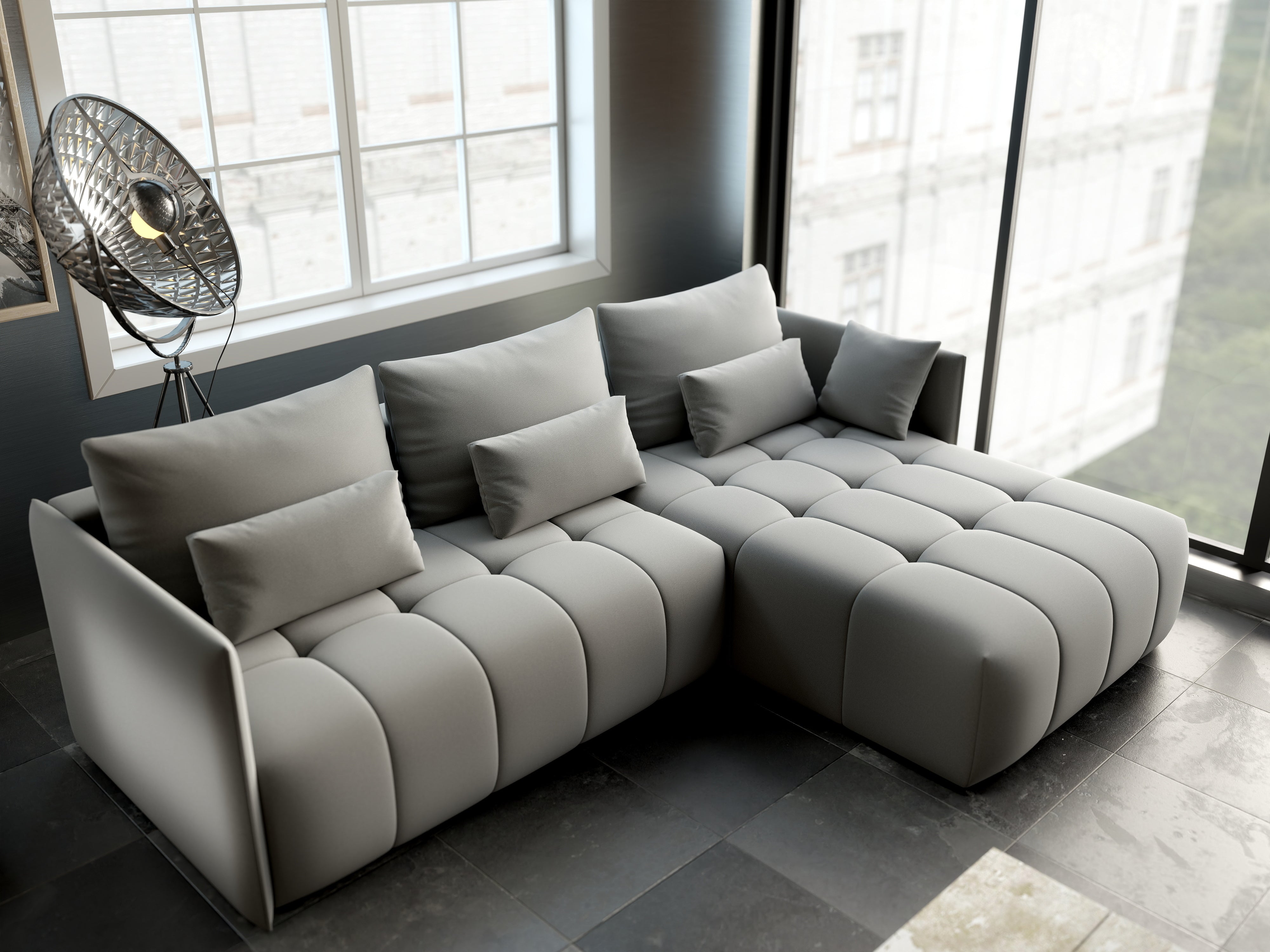Colțar extensibil dumonde cu ladă de depozitare si sezut confortabil din spuma HR, Malta Royal Grey II 235x185 cm Fabrica