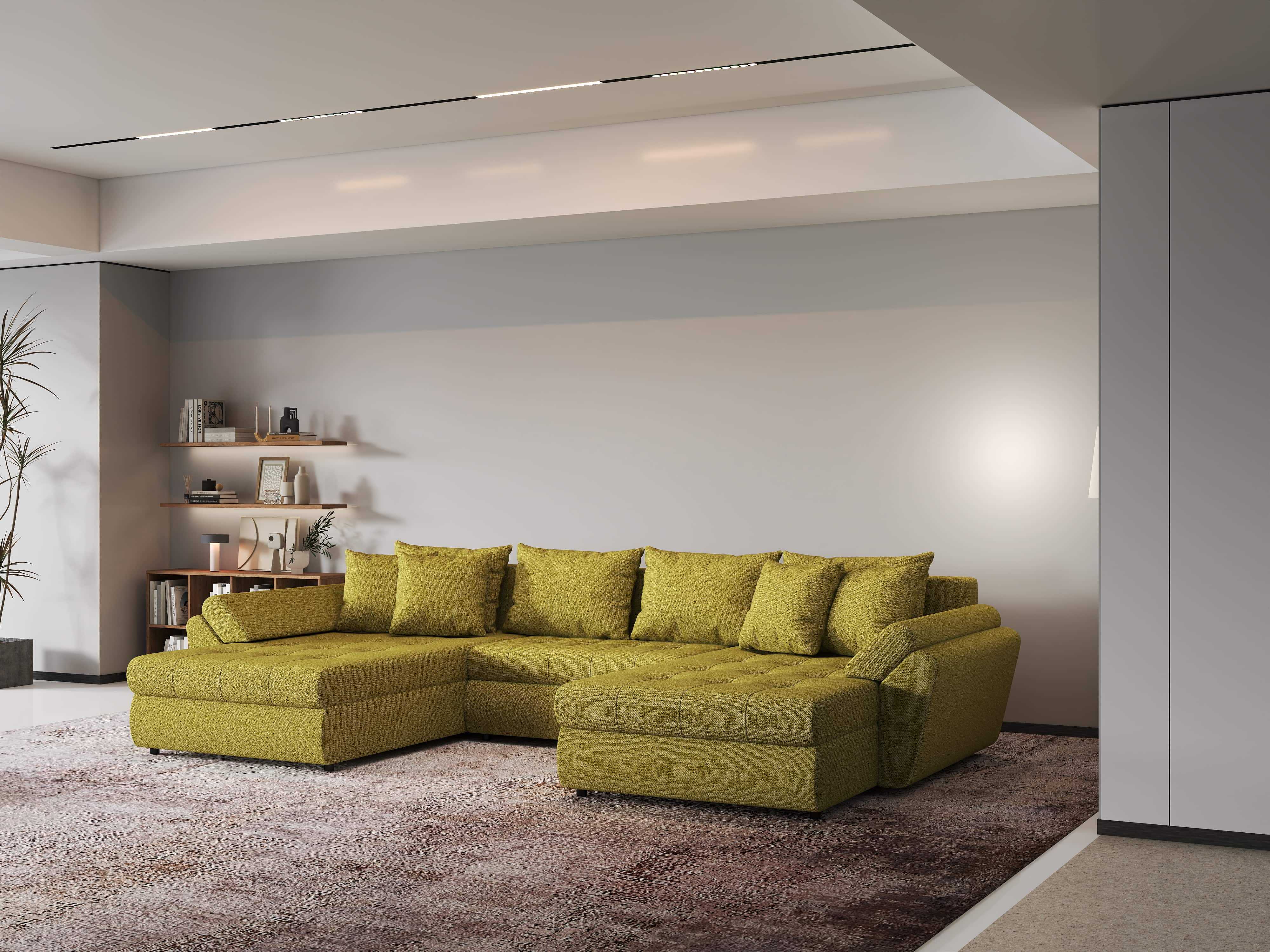 Colțar extensibil dumonde cu ladă de depozitare si sezut confortabil din spuma HR, Loana U Green Lux 355x185 cm Fabrica