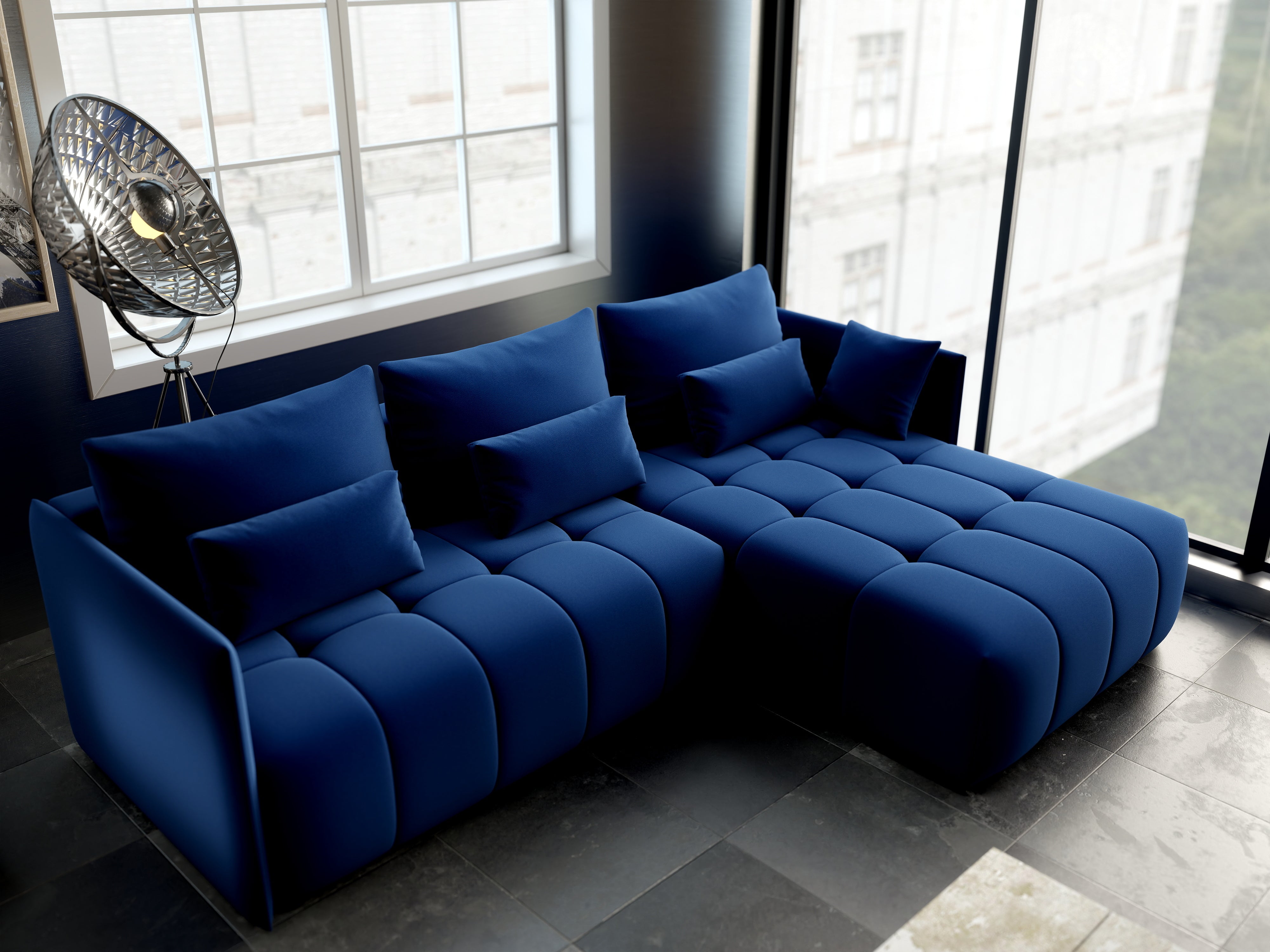 Colțar extensibil dumonde cu ladă de depozitare si sezut confortabil din spuma HR, Malta Royal Blue II 235x185 cm Fabrica