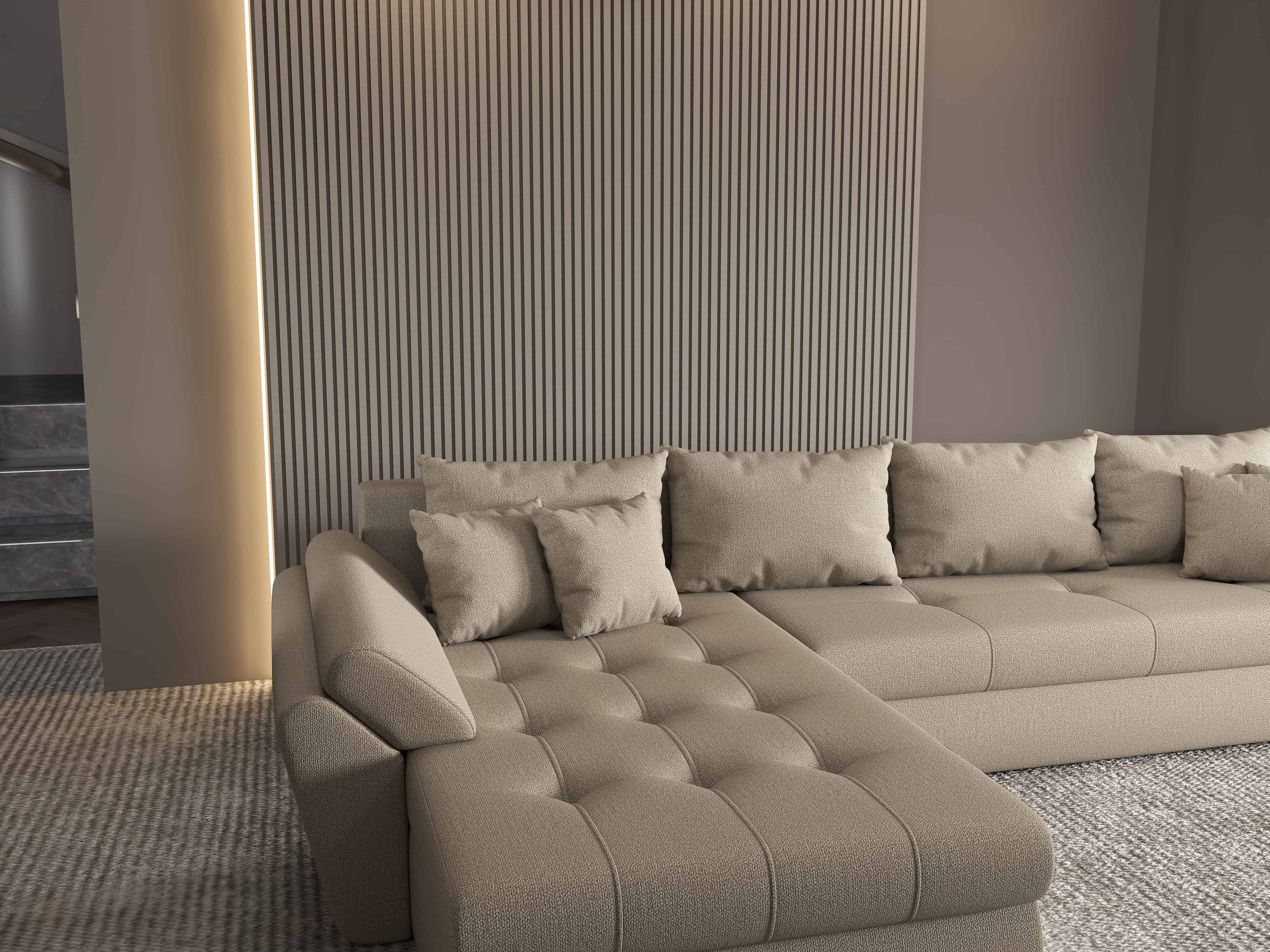 Colțar extensibil dumonde cu ladă de depozitare si sezut confortabil din spuma HR, Loana XL Enjoy Camel 335x185 cm Fabrica