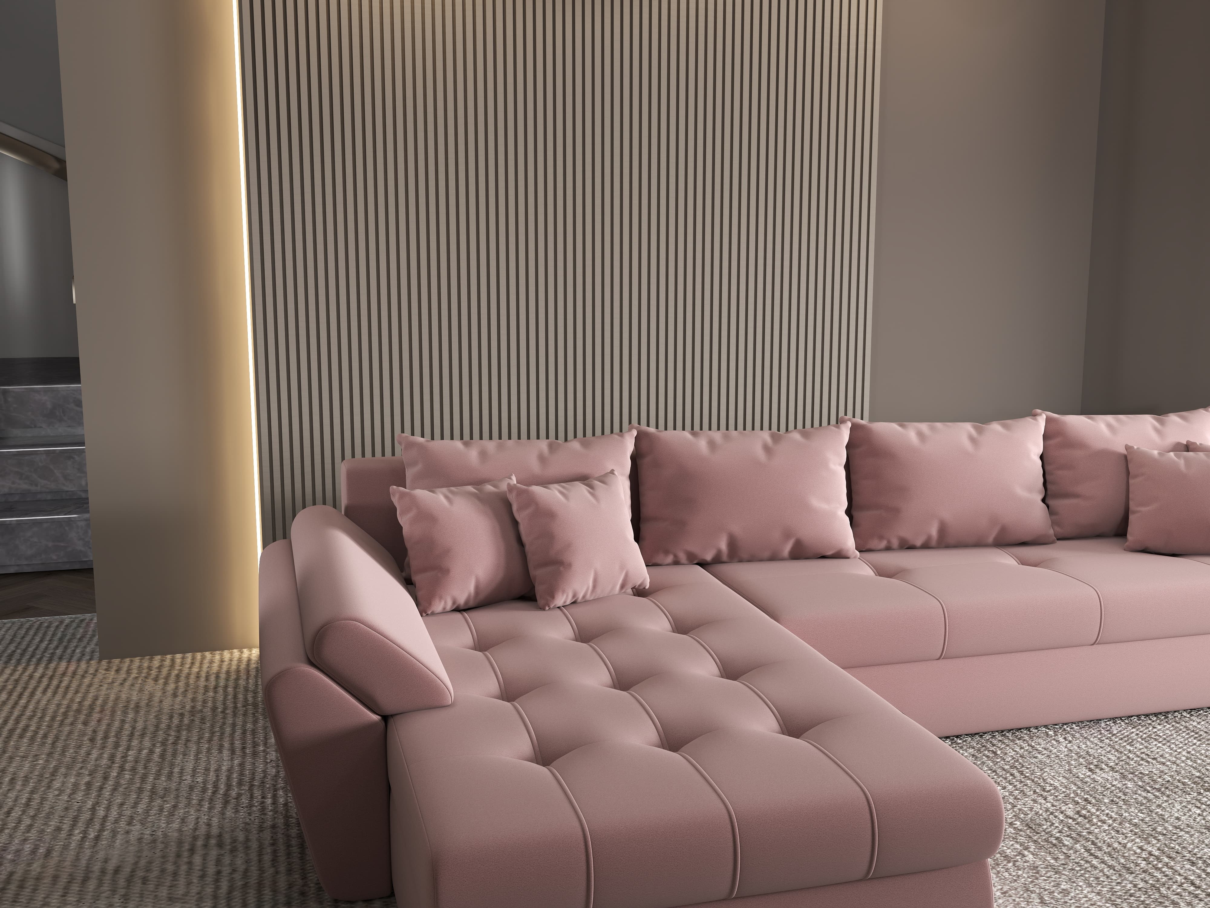 Colțar extensibil dumonde cu ladă de depozitare si sezut confortabil din spuma HR, Loana XL Royal Roz 335x185 cm Fabrica