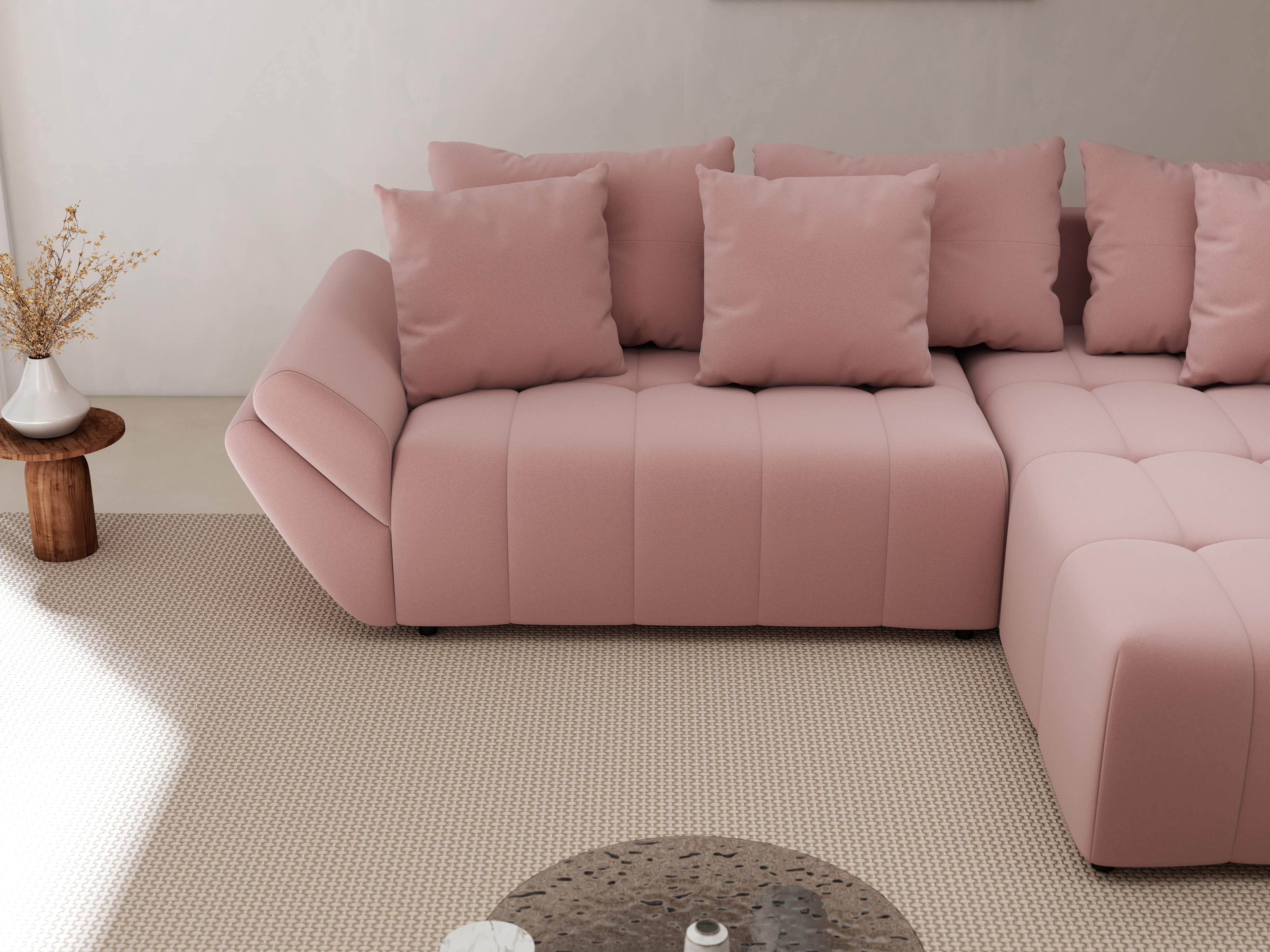 Colțar extensibil dumonde cu ladă de depozitare si sezut confortabil din spuma HR, Berlin Royal Roz 280x185 cm II Fabrica