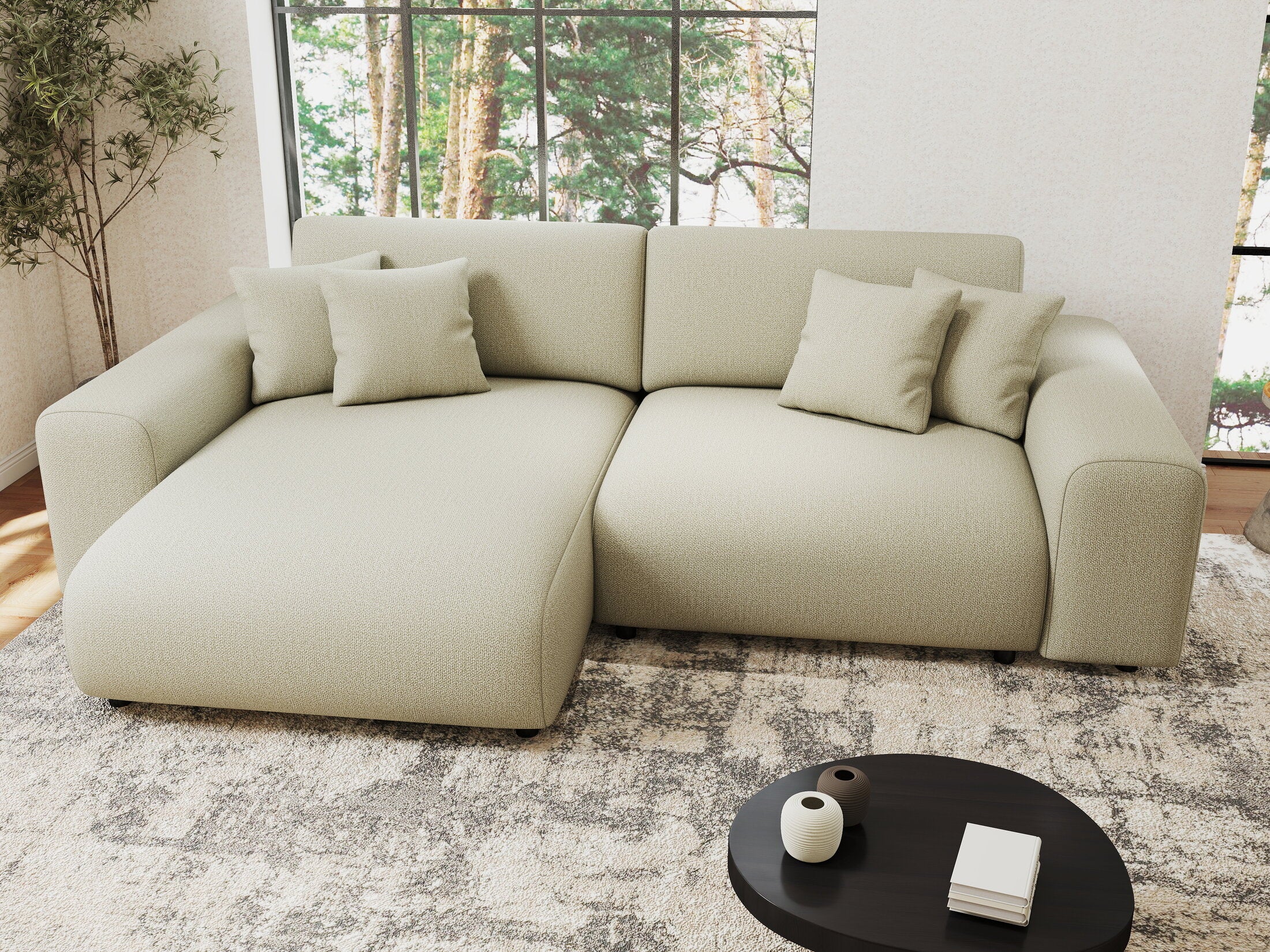 Colțar extensibil dumonde cu ladă de depozitare si sezut confortabil din spuma HR, Sarina Enjoy Bej 255x168 cm