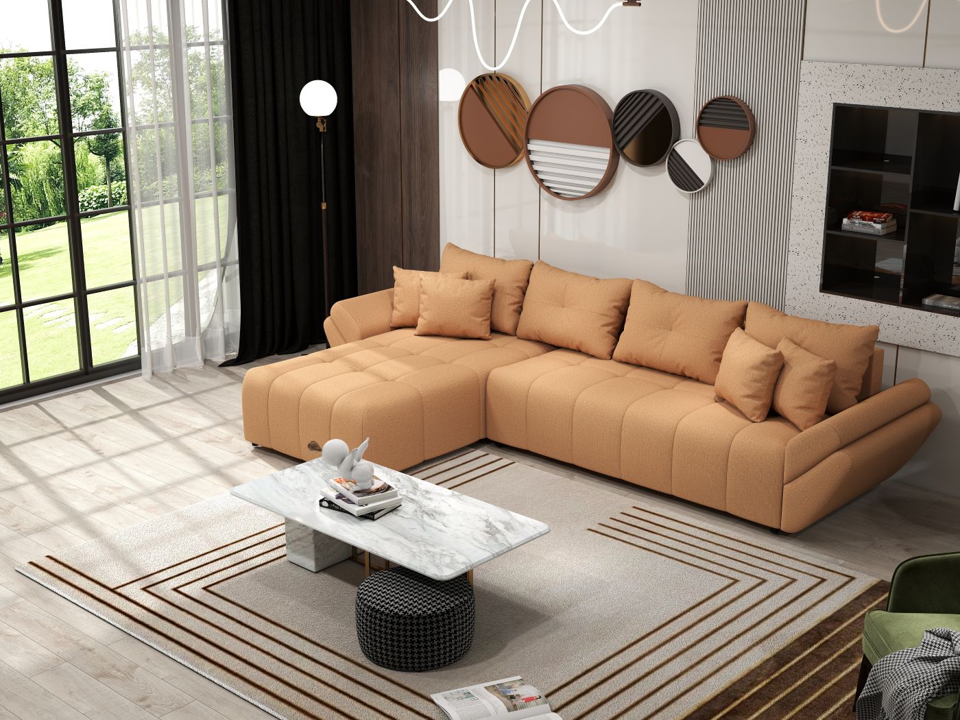 Colțar extensibil dumonde cu ladă de depozitare si sezut confortabil din spuma HR, Berlin XL Enjoy Mango 350x185 cm II Fabrica