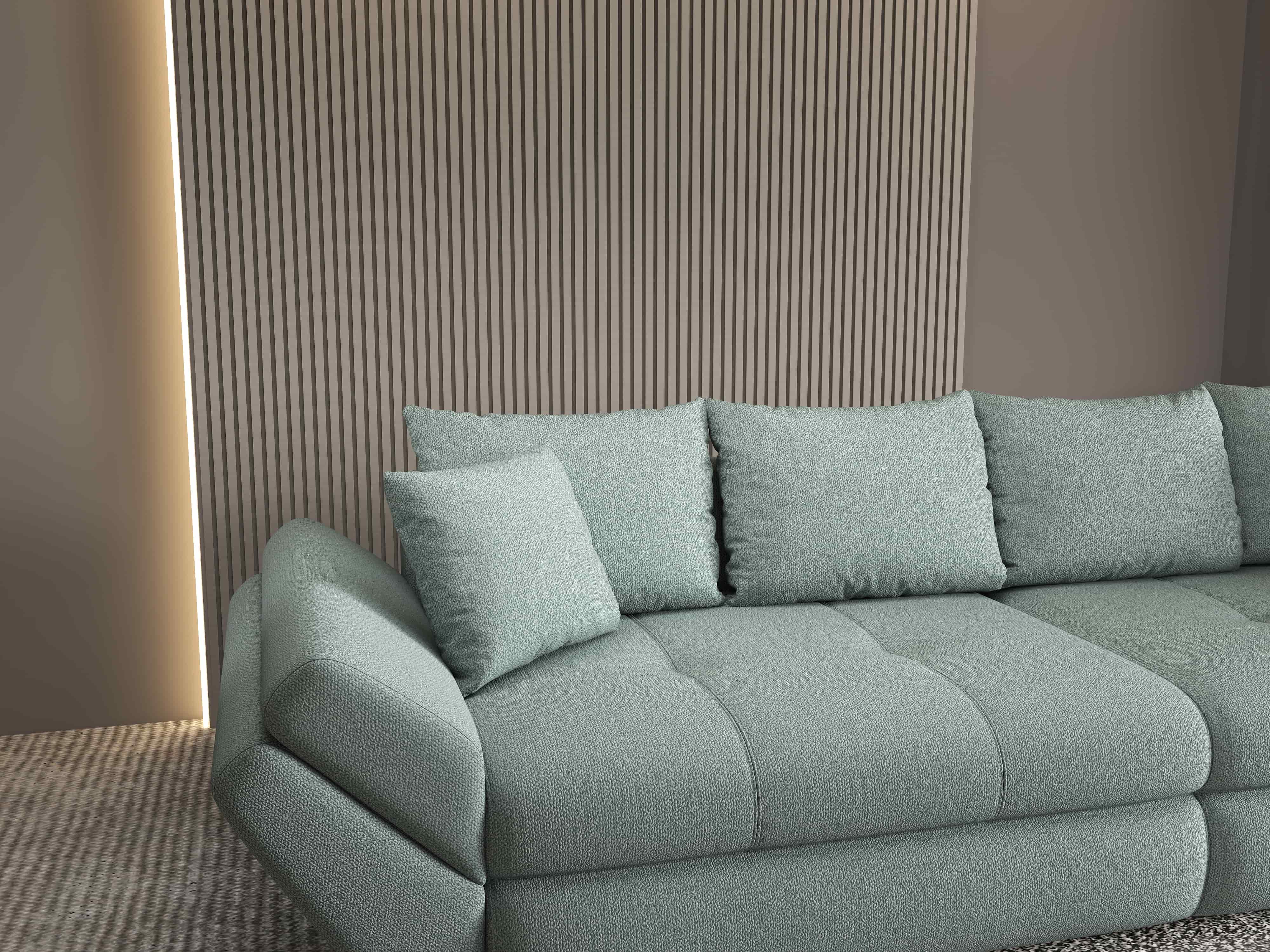 Canapea extensibilă dumonde cu ladă de depozitare si sezut confortabil din spuma HR, Loana Enjoy Mint 300x100 cm Fabrica