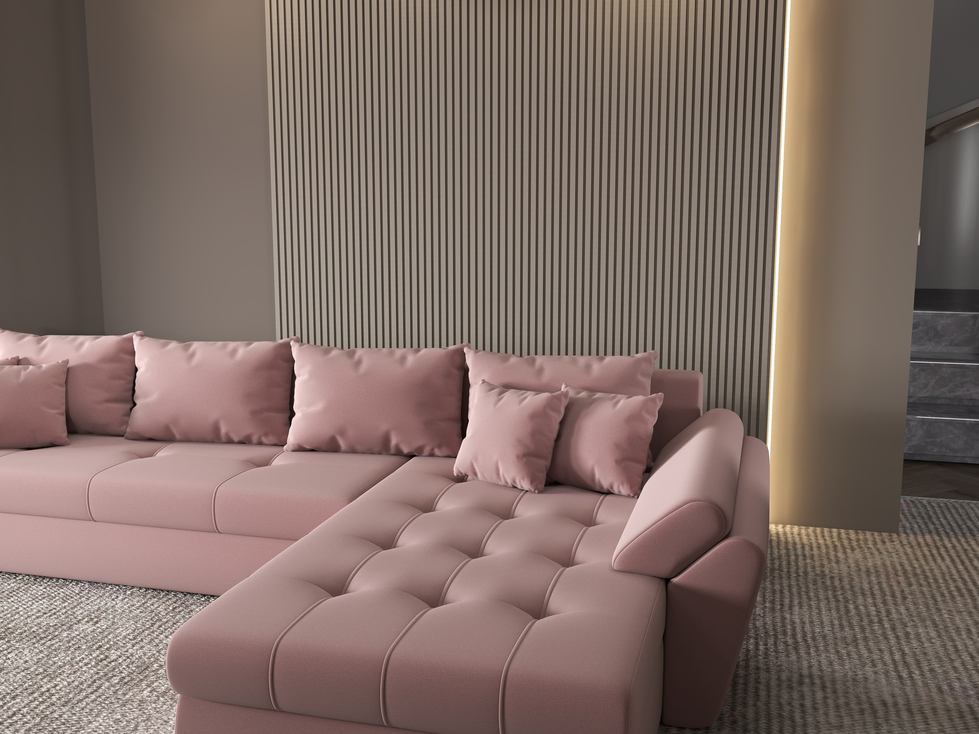 Colțar extensibil dumonde cu ladă de depozitare si sezut confortabil din spuma HR, Loana XL Royal Roz II 335x185 cm Fabrica