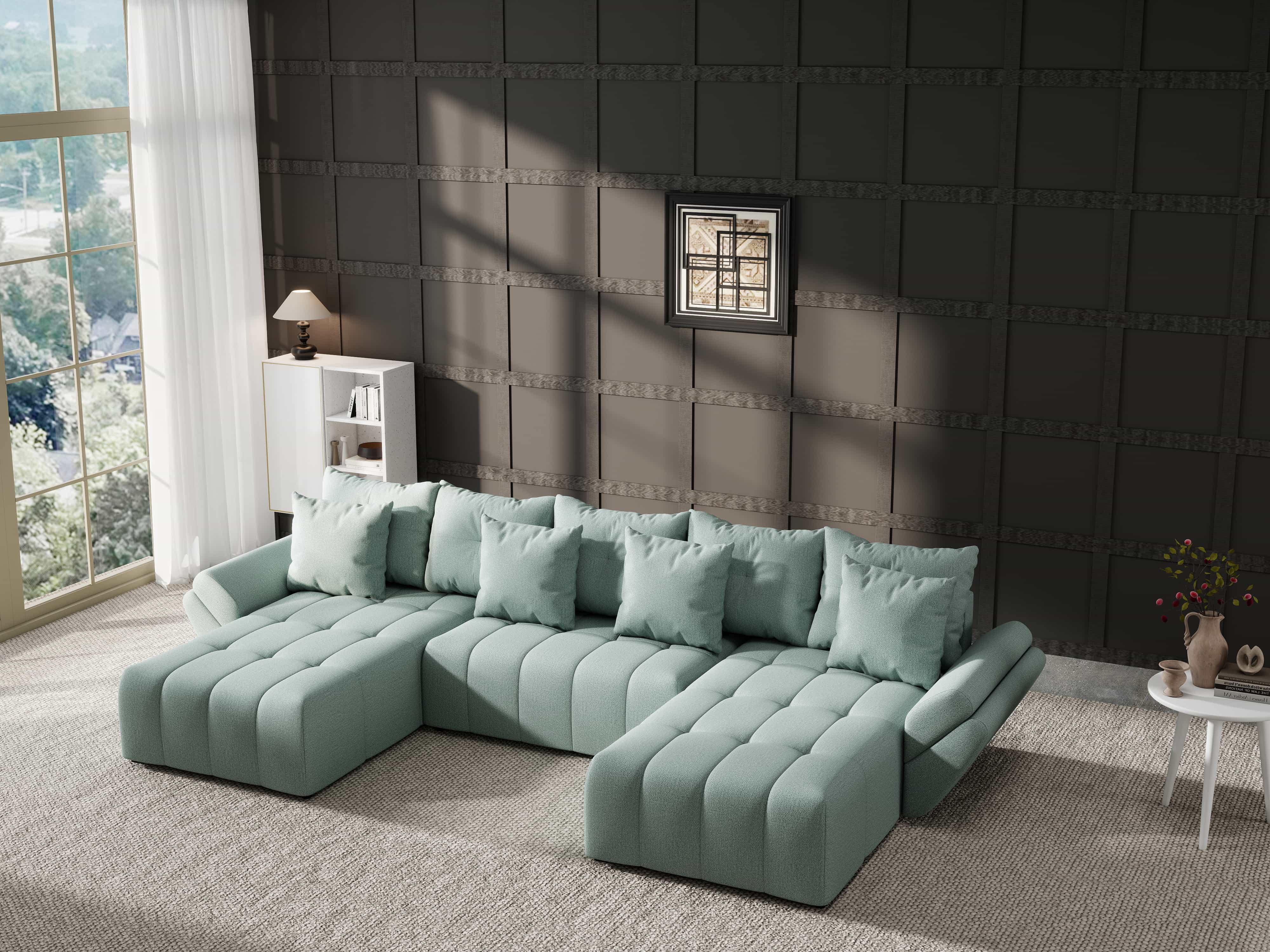 Colțar extensibil dumonde cu ladă de depozitare si sezut confortabil din spuma HR, Berlin U Enjoy Mint 380x180 cm Fabrica