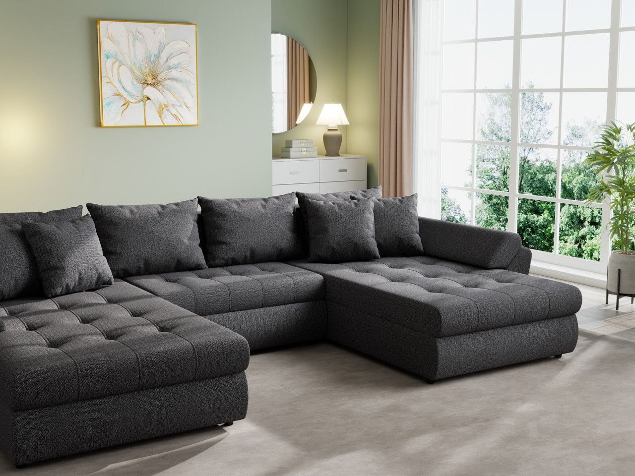 Colțar extensibil dumonde cu ladă de depozitare si sezut confortabil din spuma HR, Loana U Enjoy Grafit 355x185 cm