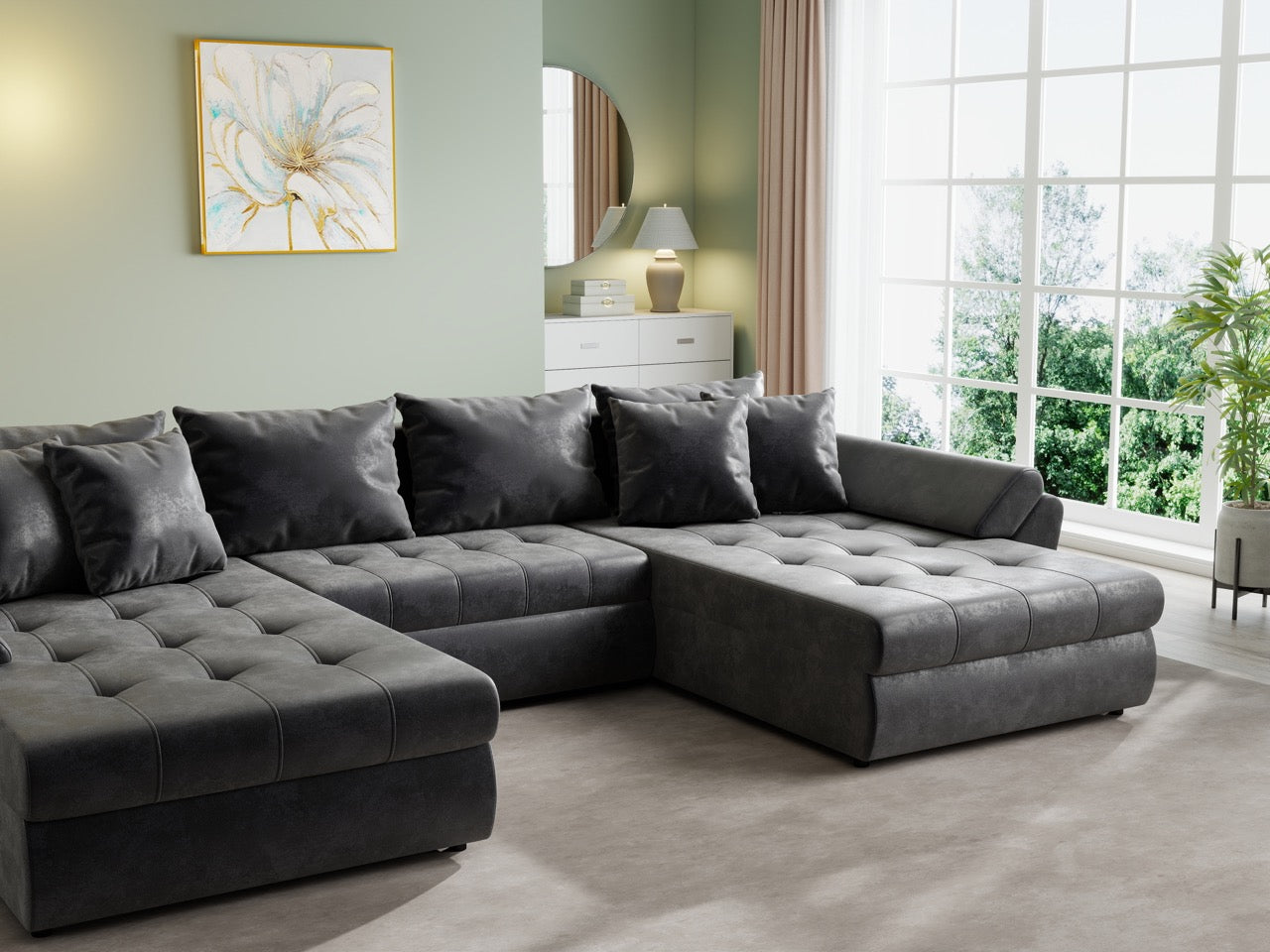 Colțar extensibil dumonde cu ladă de depozitare si sezut confortabil din spuma HR, Loana U Dark Brown 355x185 cm