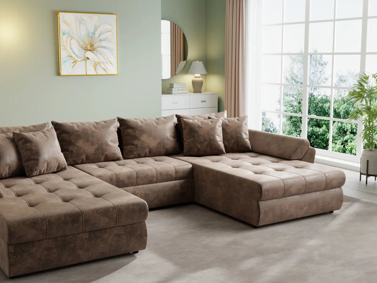 Colțar extensibil dumonde cu ladă de depozitare si sezut confortabil din spuma HR, Loana U Brown 355x185 cm Fabrica